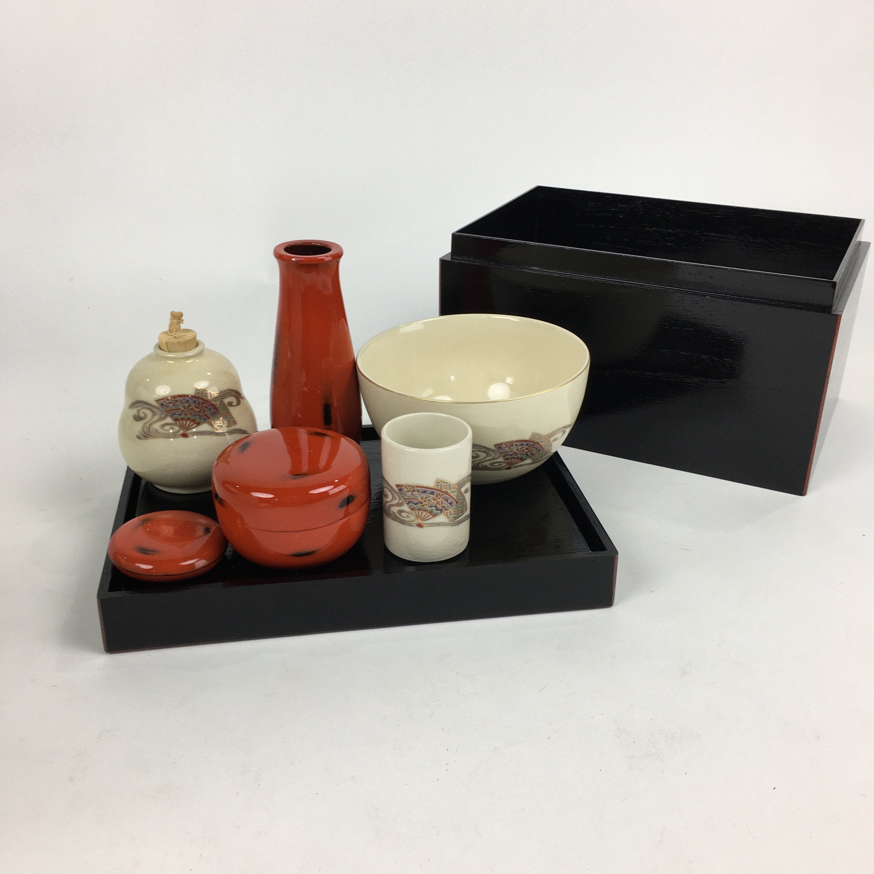 Japanese Tea Ceremony Set Chabako Wooden Box Vtg Chawan Natsume PX563