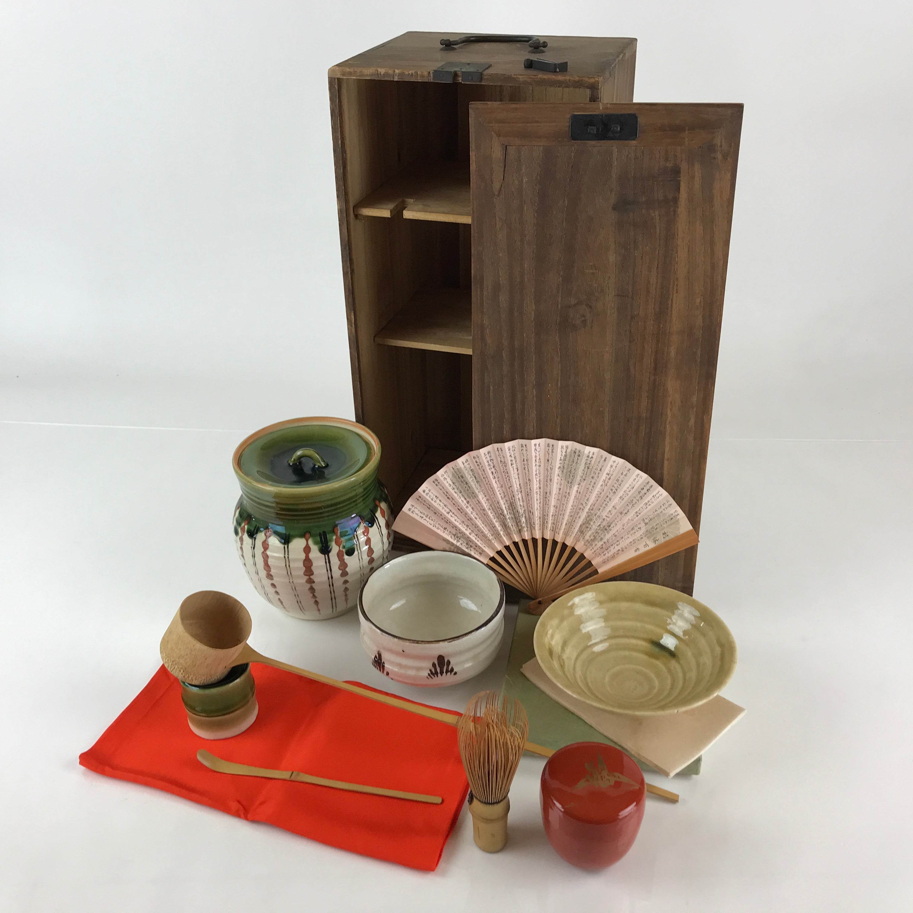 Japanese Tea Ceremony Set Chabako Wooden Box Vtg Pottery Chawan PX658