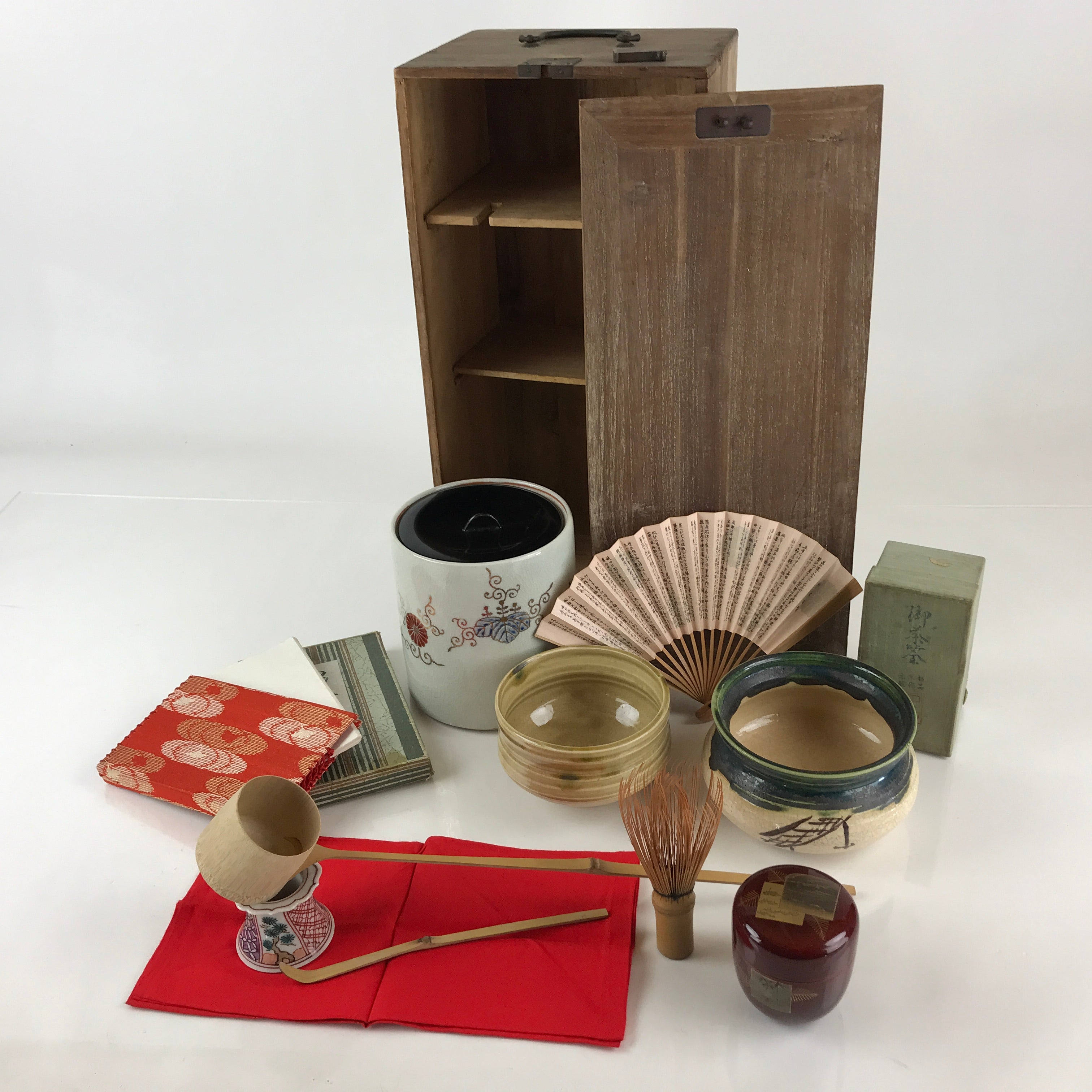 Japanese Tea Ceremony Set Chabako Wooden Box Vtg Pottery Chawan PX659