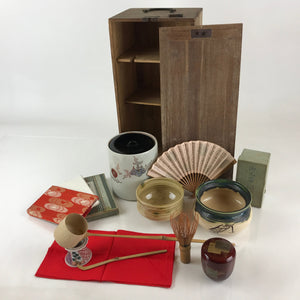 Japanese Tea Ceremony Set Chabako Wooden Box Vtg Pottery Chawan PX659