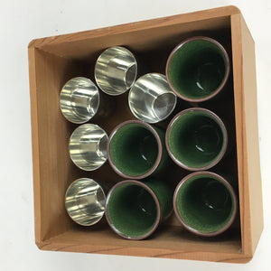 Japanese Tin Ceramic Sake Cup 10pc set Vtg Nanshaku Sakazuki Guinomi PX595