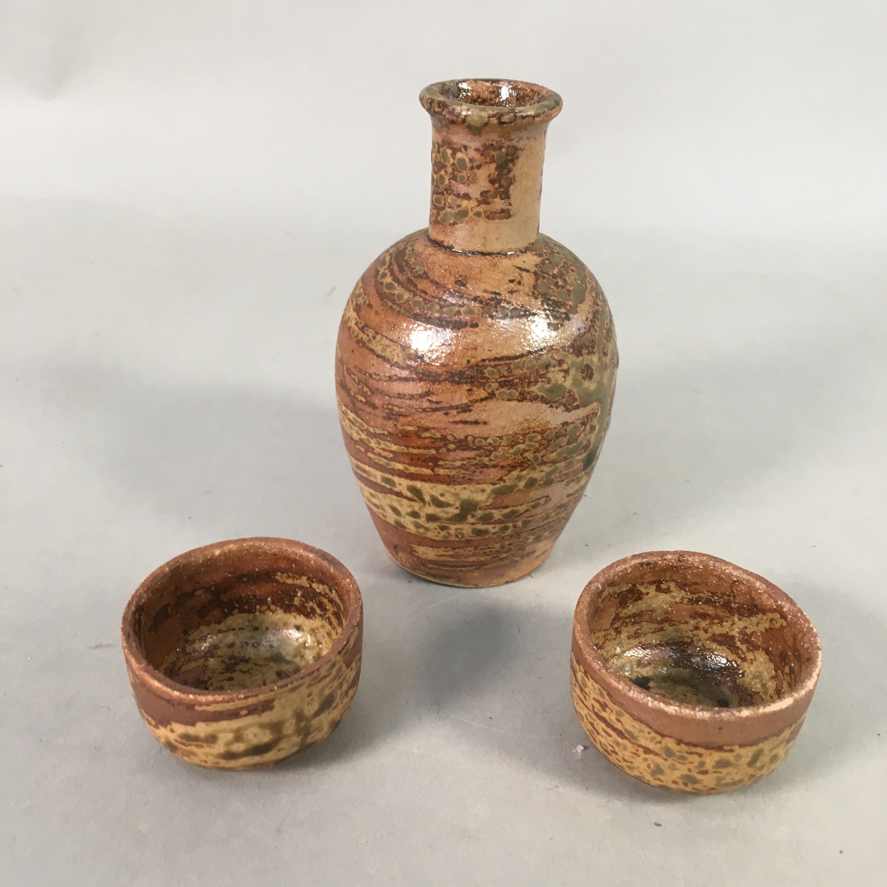 Japanese Vtg Ceramic Sake Bottle Cups Set Pottery Brown Glaze Tokkuri TS260