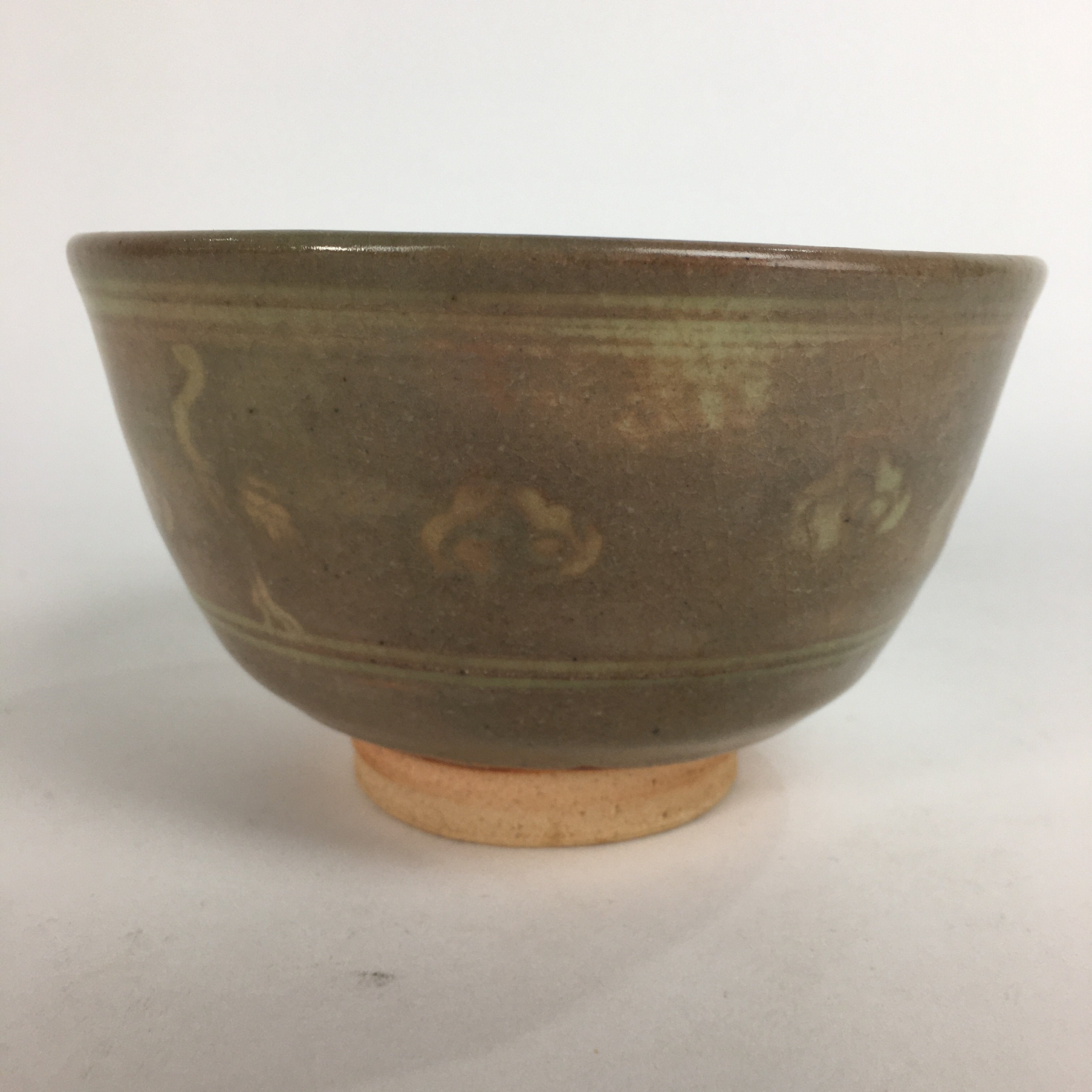 Japanese Vtg Ceramic Tea Ceremony Bowl Chawan Brown Pottery Crane GTB704