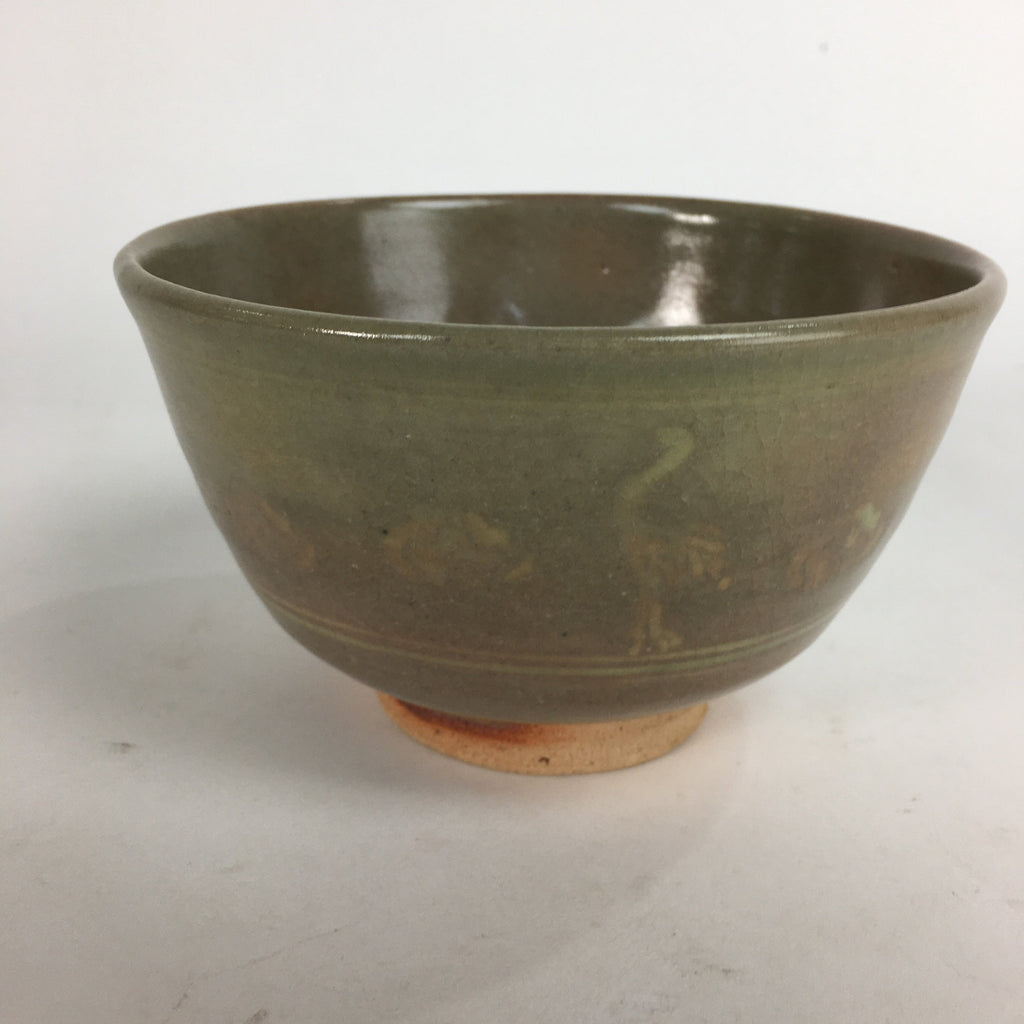 Japanese Vtg Ceramic Tea Ceremony Bowl Chawan Brown Pottery Crane GTB704