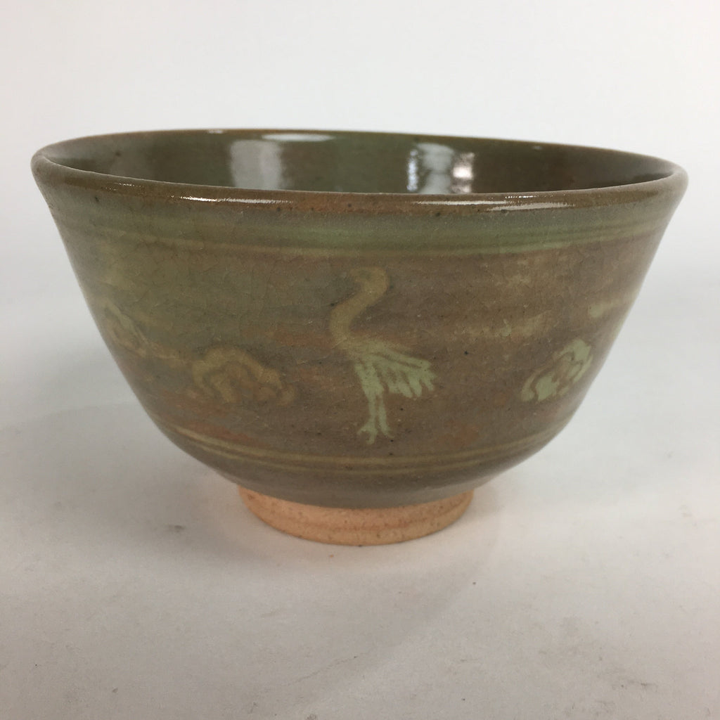 Japanese Vtg Ceramic Tea Ceremony Bowl Chawan Brown Pottery Crane GTB706