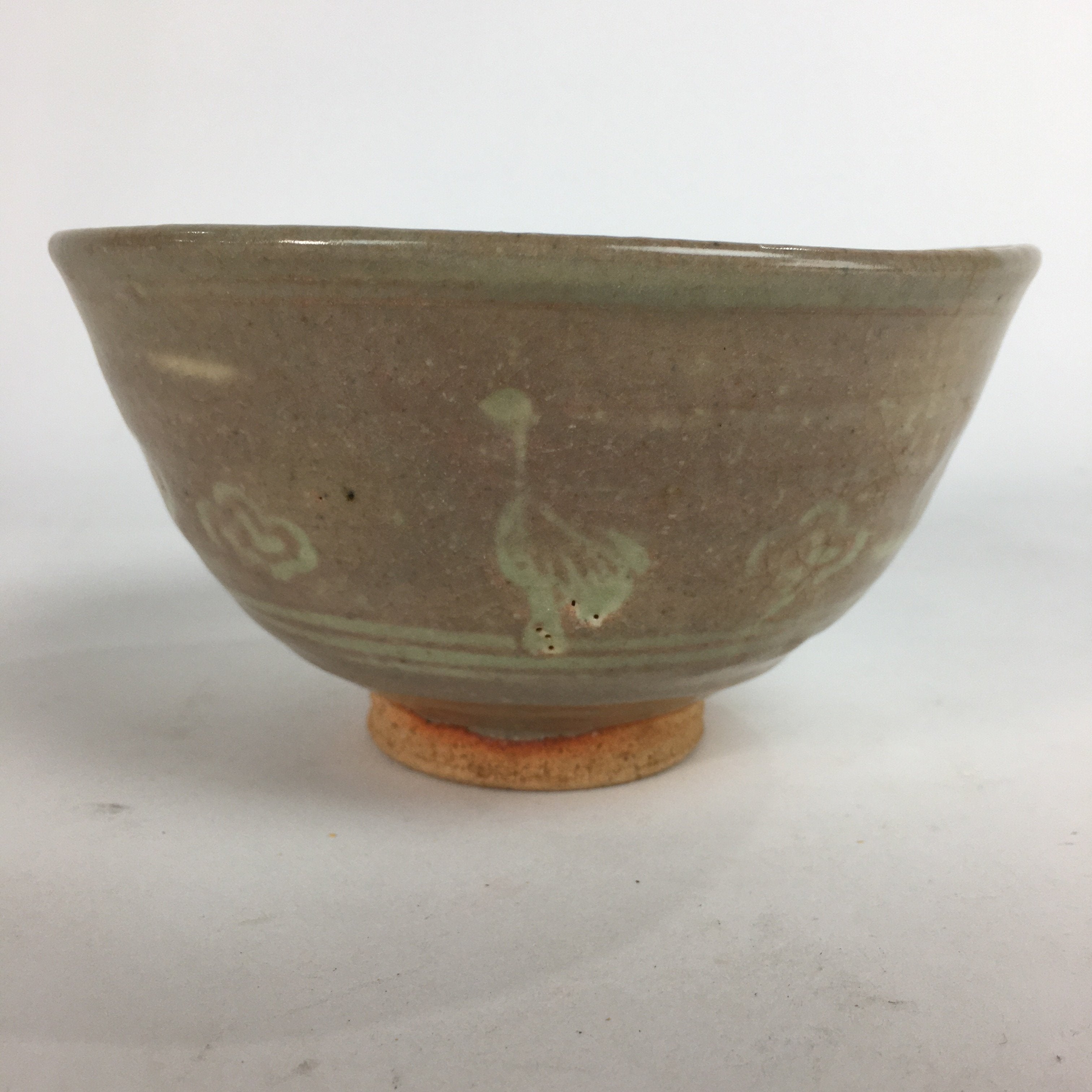 Japanese Vtg Ceramic Tea Ceremony Bowl Chawan Brown Pottery Crane GTB708