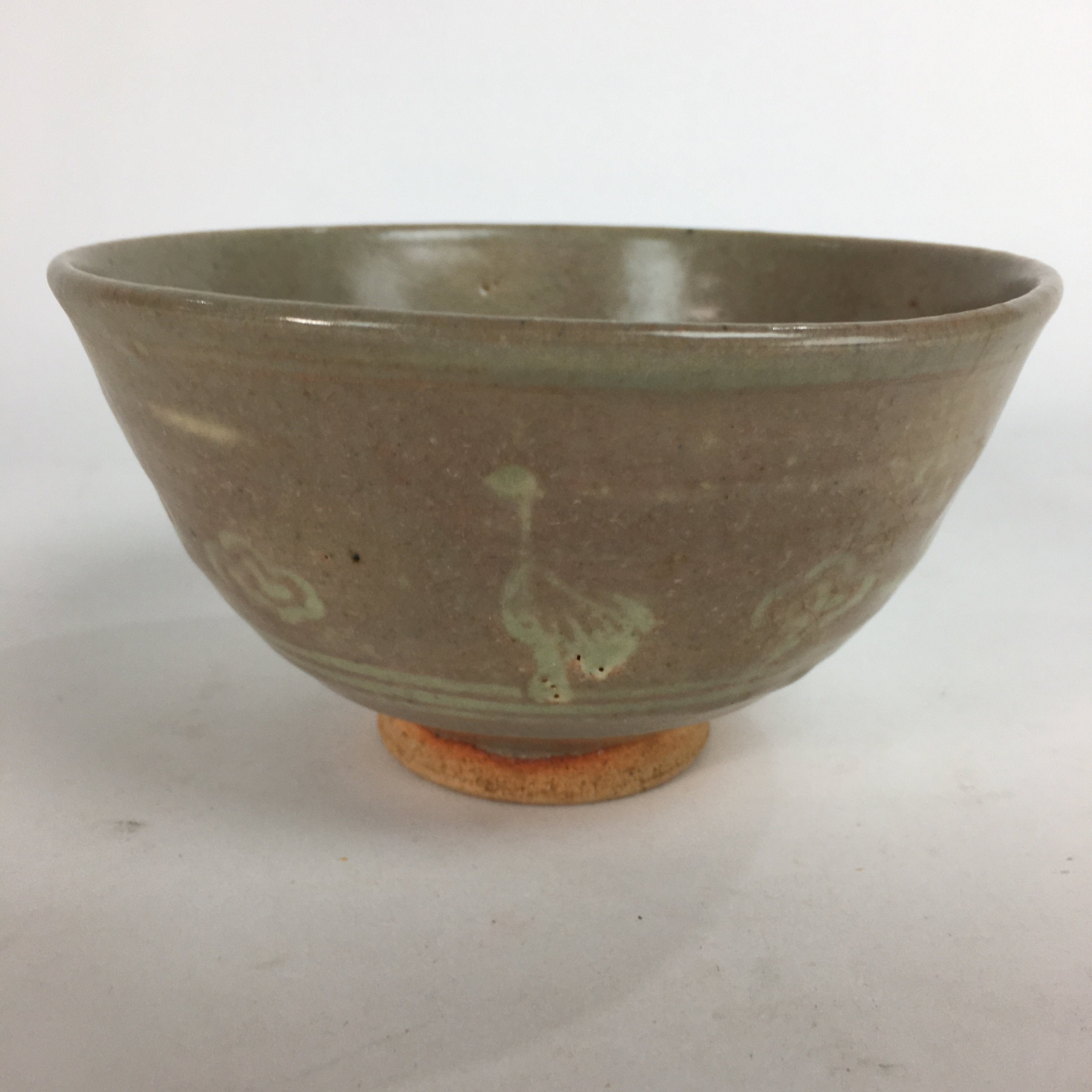 Japanese Vtg Ceramic Tea Ceremony Bowl Chawan Brown Pottery Crane GTB708