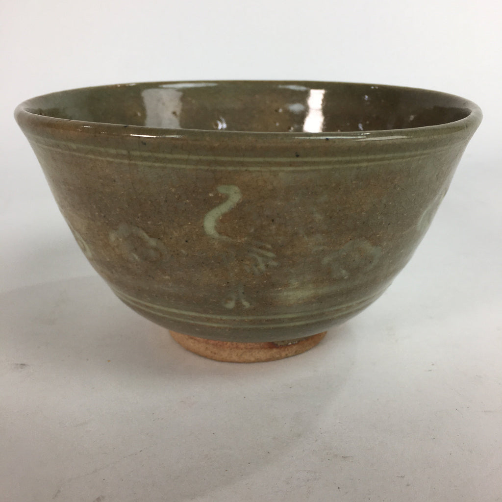 Japanese Vtg Ceramic Tea Ceremony Bowl Chawan Brown Pottery Crane GTB712