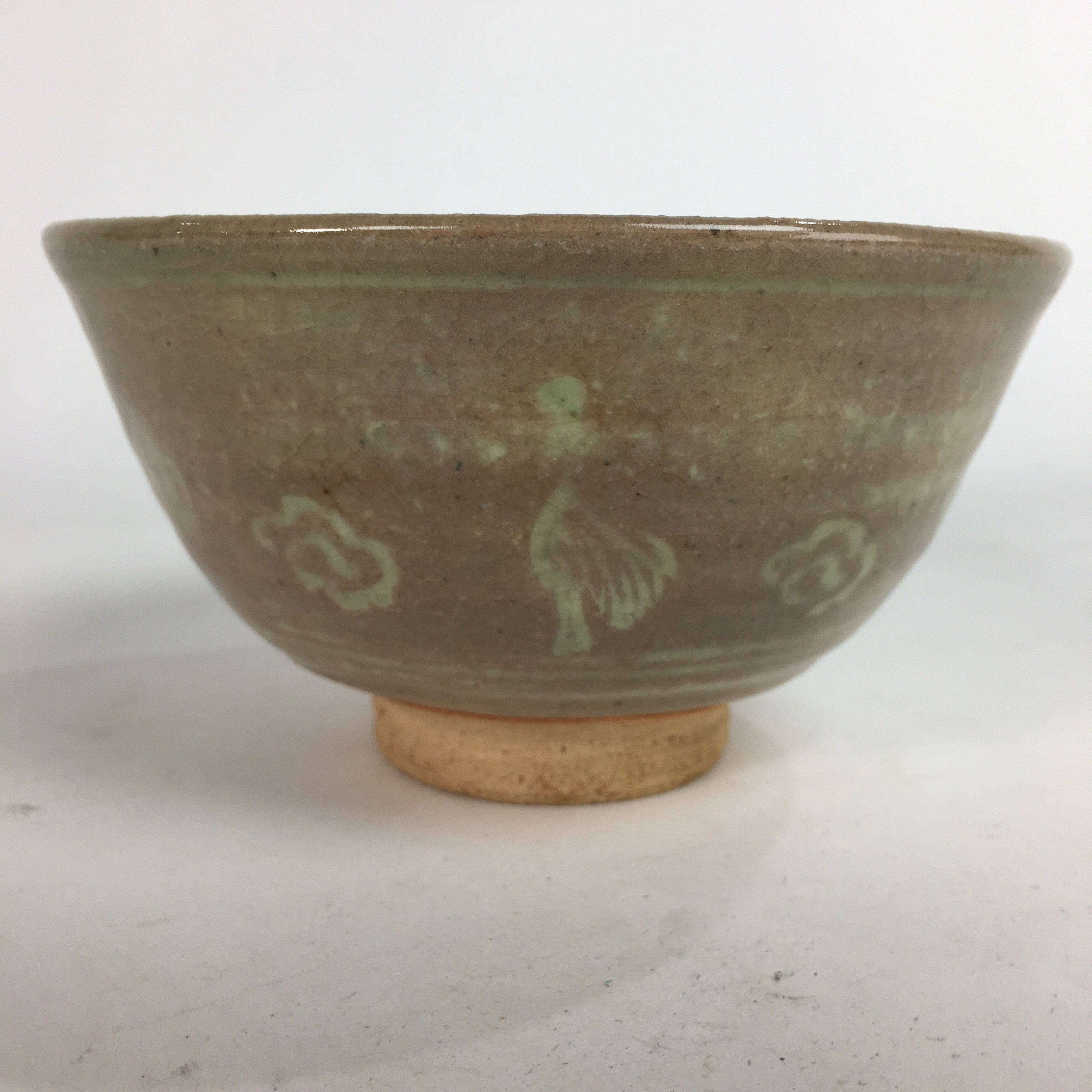 Japanese Vtg Ceramic Tea Ceremony Bowl Chawan Brown Pottery Crane GTB716