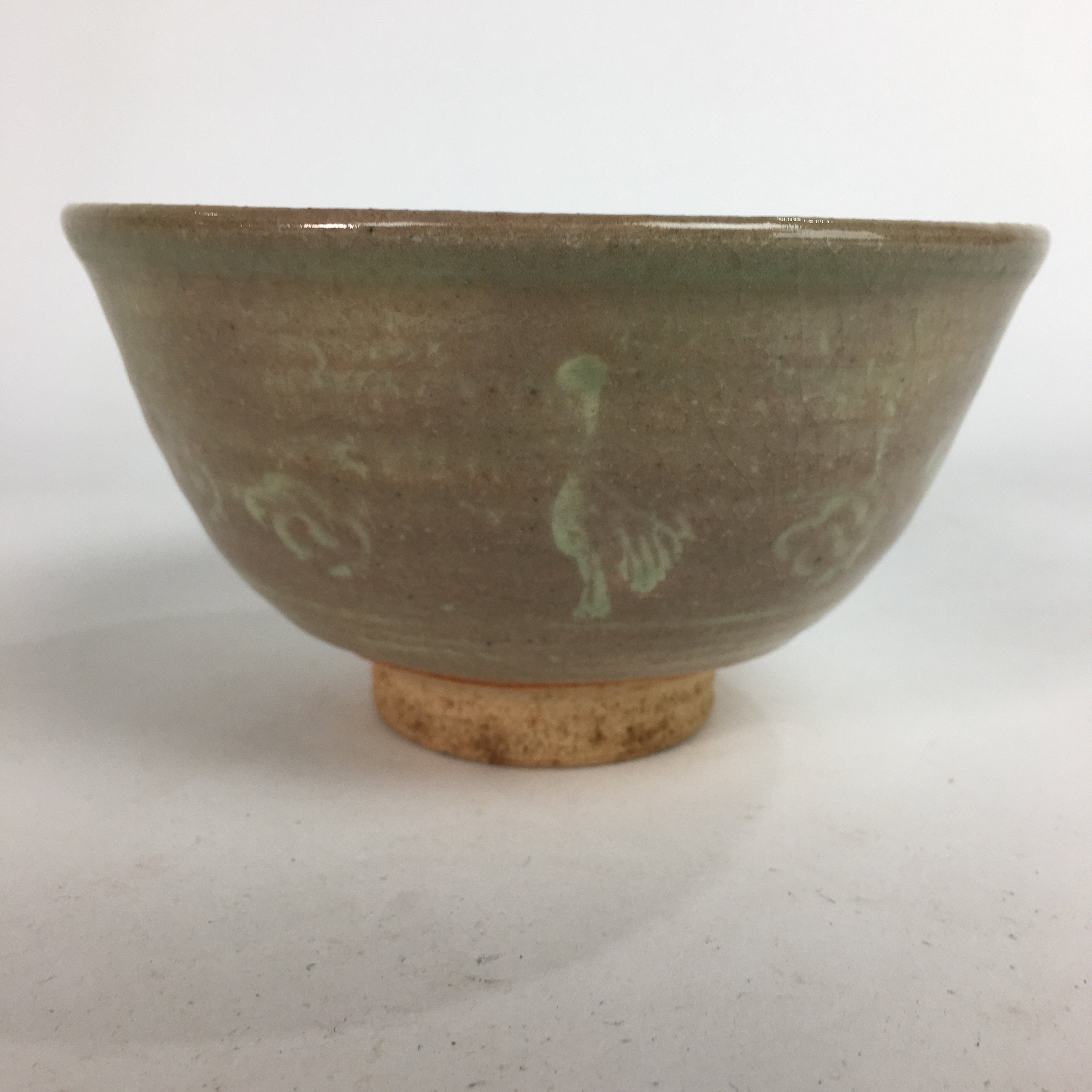 Japanese Vtg Ceramic Tea Ceremony Bowl Chawan Brown Pottery Crane GTB716