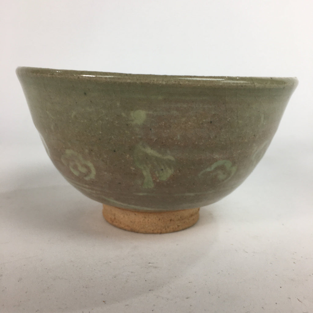 Japanese Vtg Ceramic Tea Ceremony Bowl Chawan Brown Pottery Crane GTB717