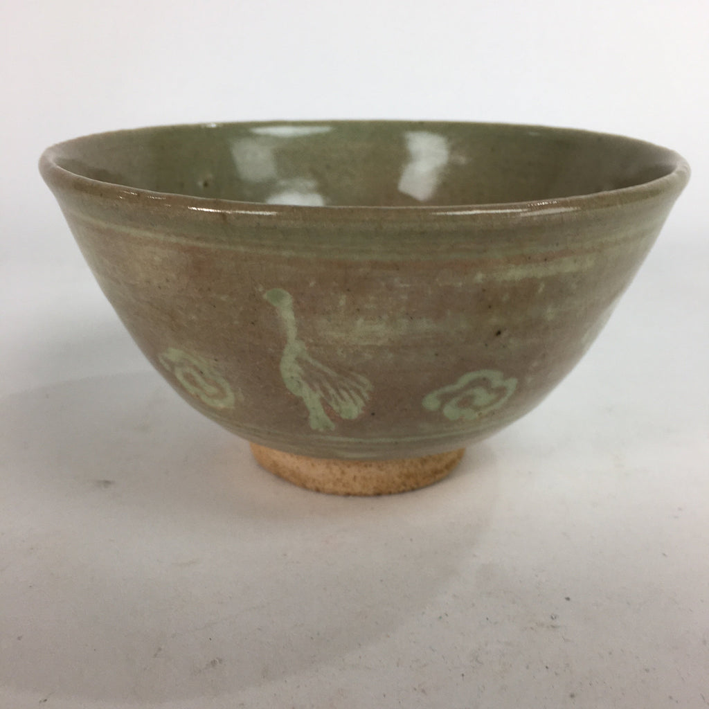 Japanese Vtg Ceramic Tea Ceremony Bowl Chawan Brown Pottery Crane GTB720