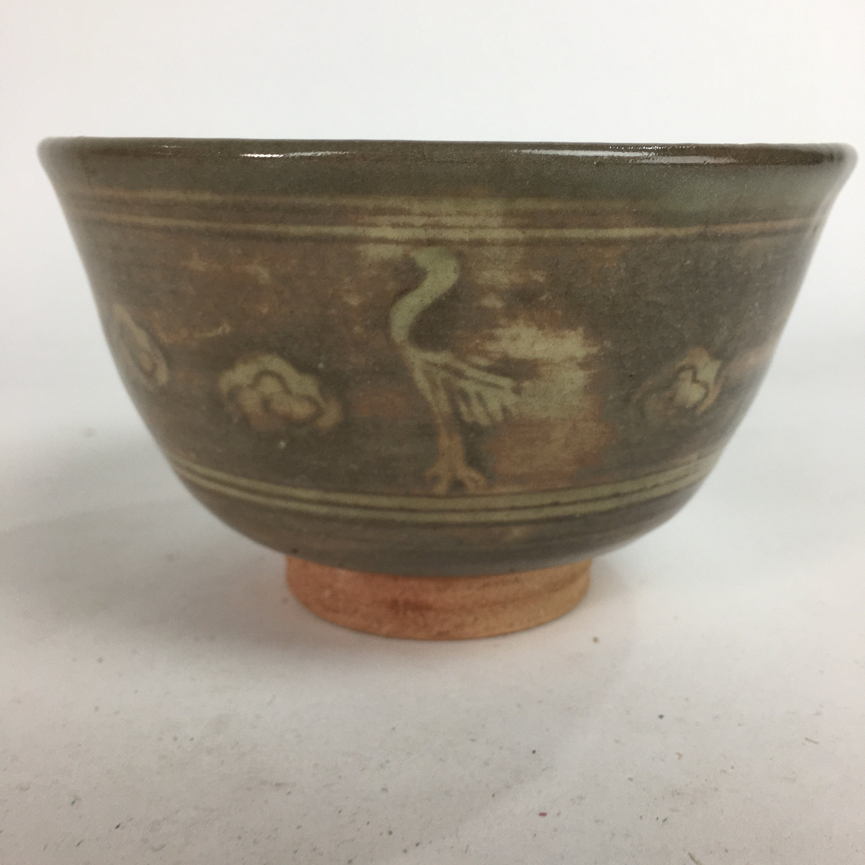 Japanese Vtg Ceramic Tea Ceremony Bowl Chawan Brown Pottery Crane GTB729