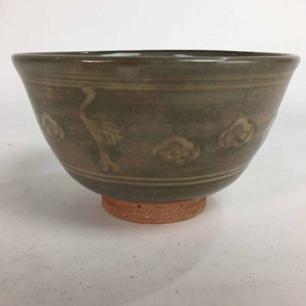 Japanese Vtg Ceramic Tea Ceremony Bowl Chawan Brown Pottery Crane GTB729