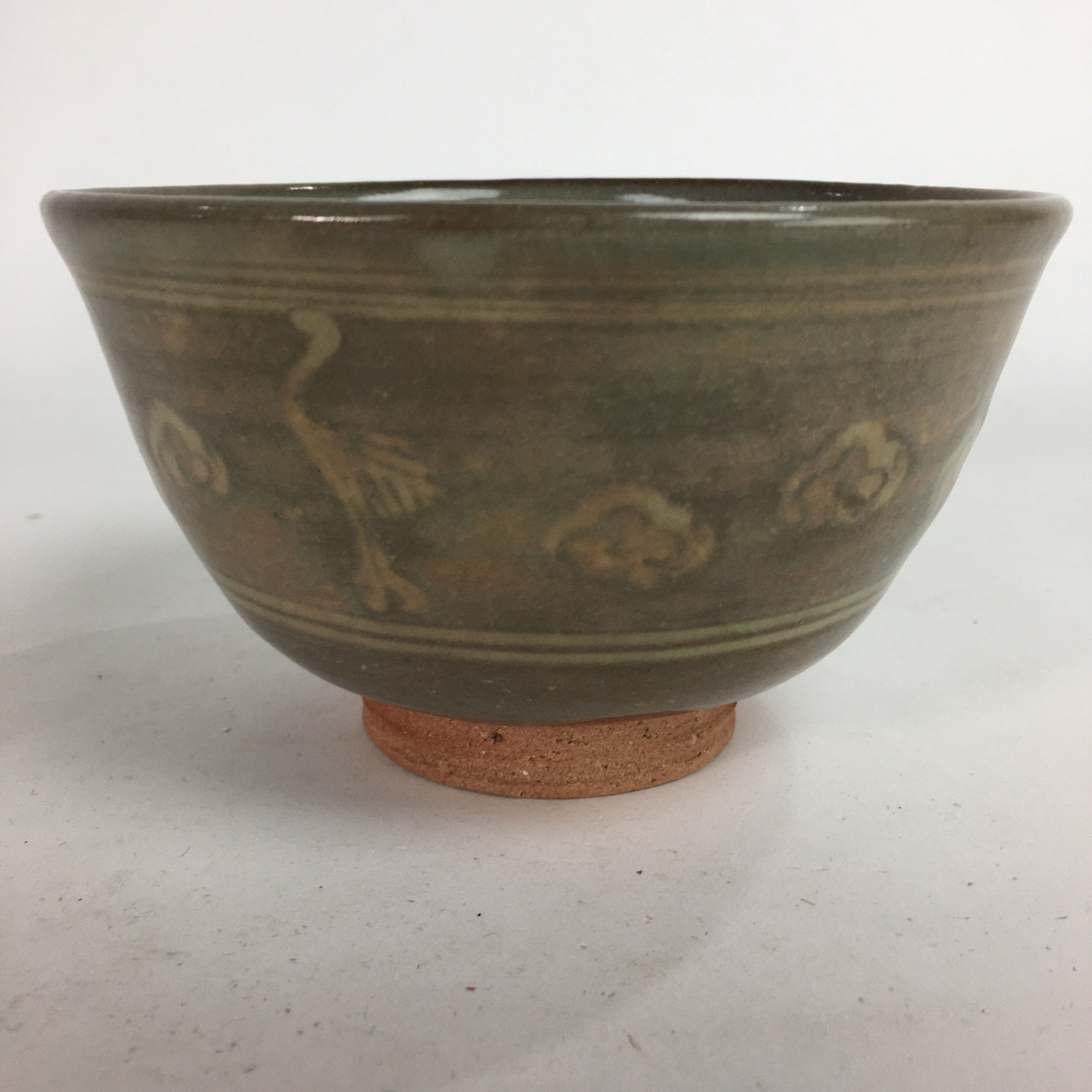 Japanese Vtg Ceramic Tea Ceremony Bowl Chawan Brown Pottery Crane GTB729