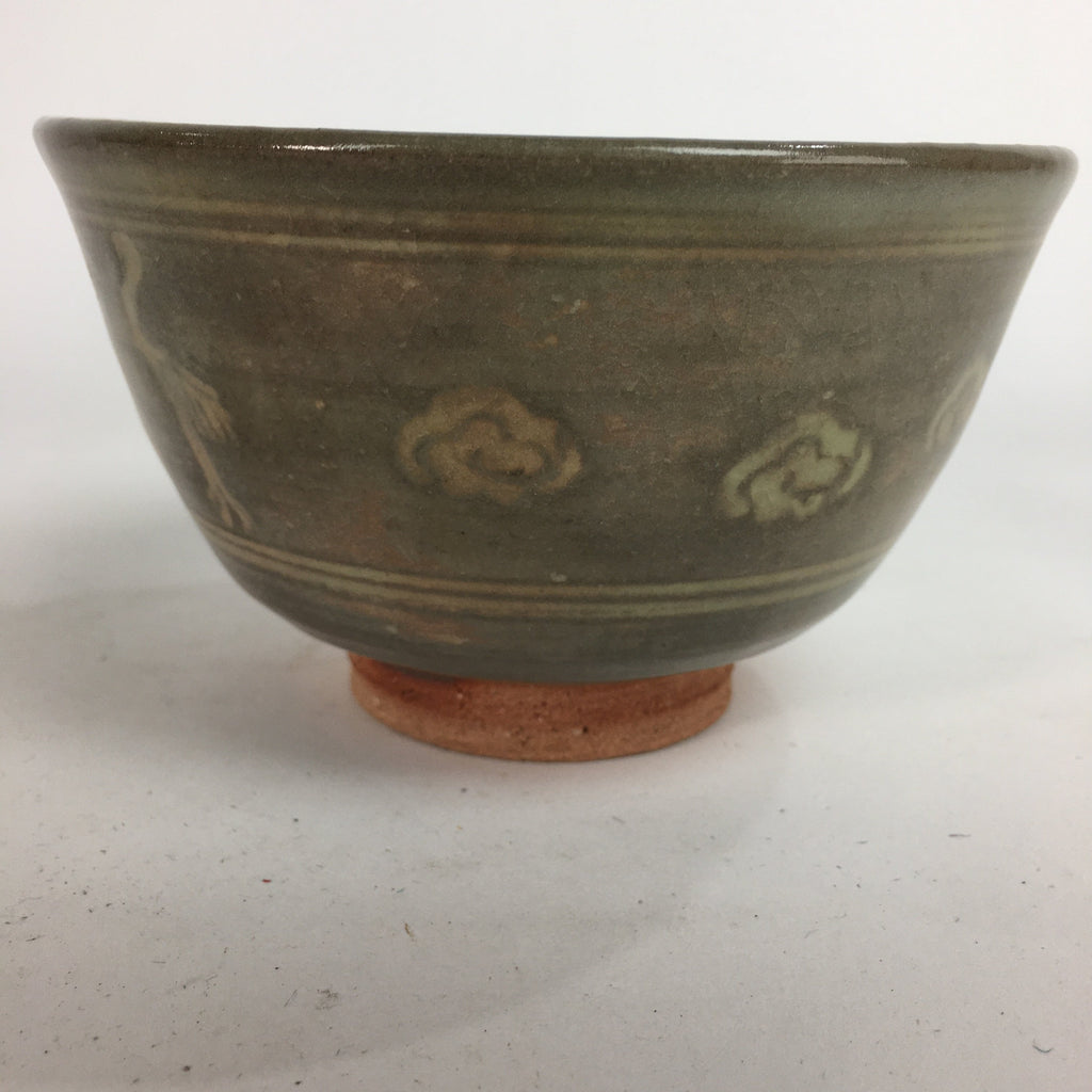 Japanese Vtg Ceramic Tea Ceremony Bowl Chawan Brown Pottery Crane GTB729