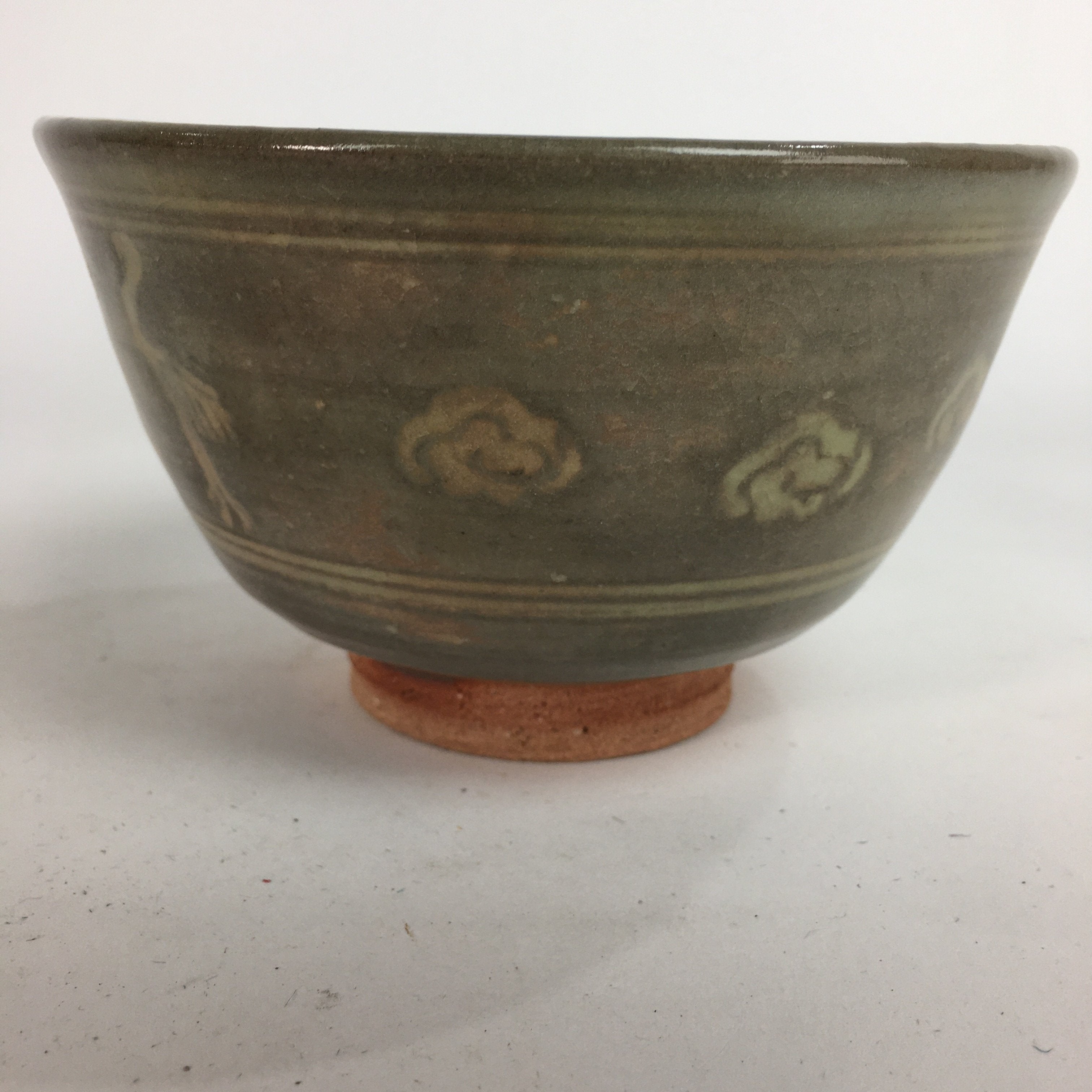 Japanese Vtg Ceramic Tea Ceremony Bowl Chawan Brown Pottery Crane GTB729