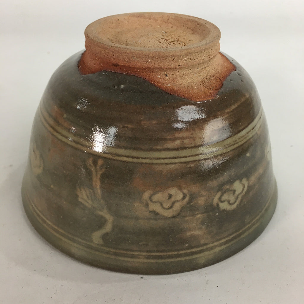 Japanese Vtg Ceramic Tea Ceremony Bowl Chawan Brown Pottery Crane GTB729