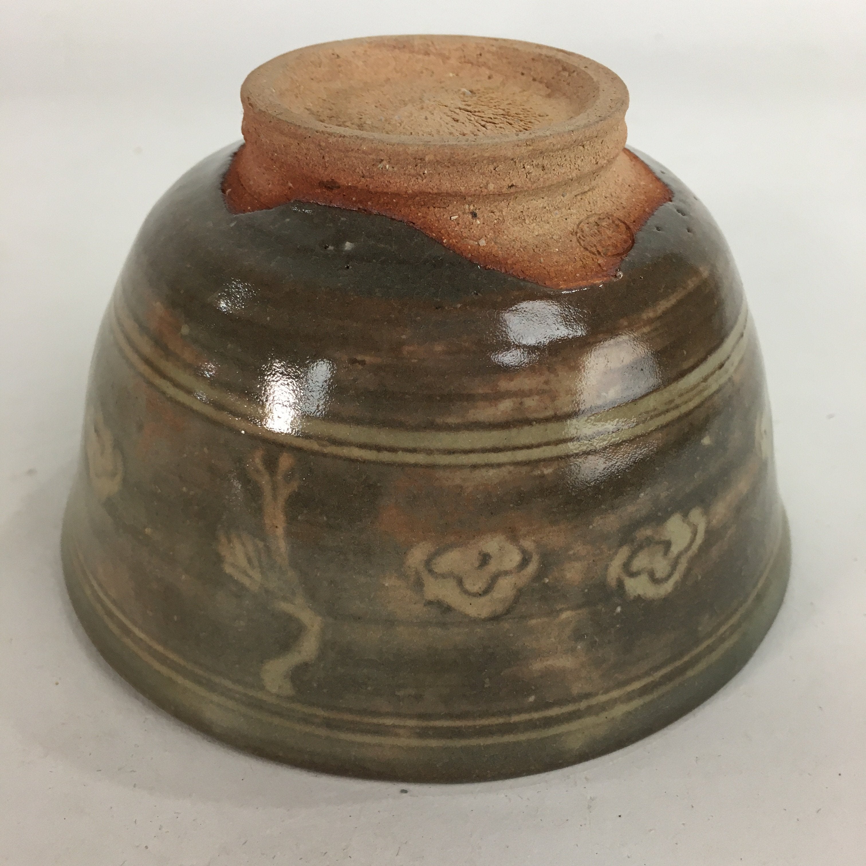 Japanese Vtg Ceramic Tea Ceremony Bowl Chawan Brown Pottery Crane GTB729