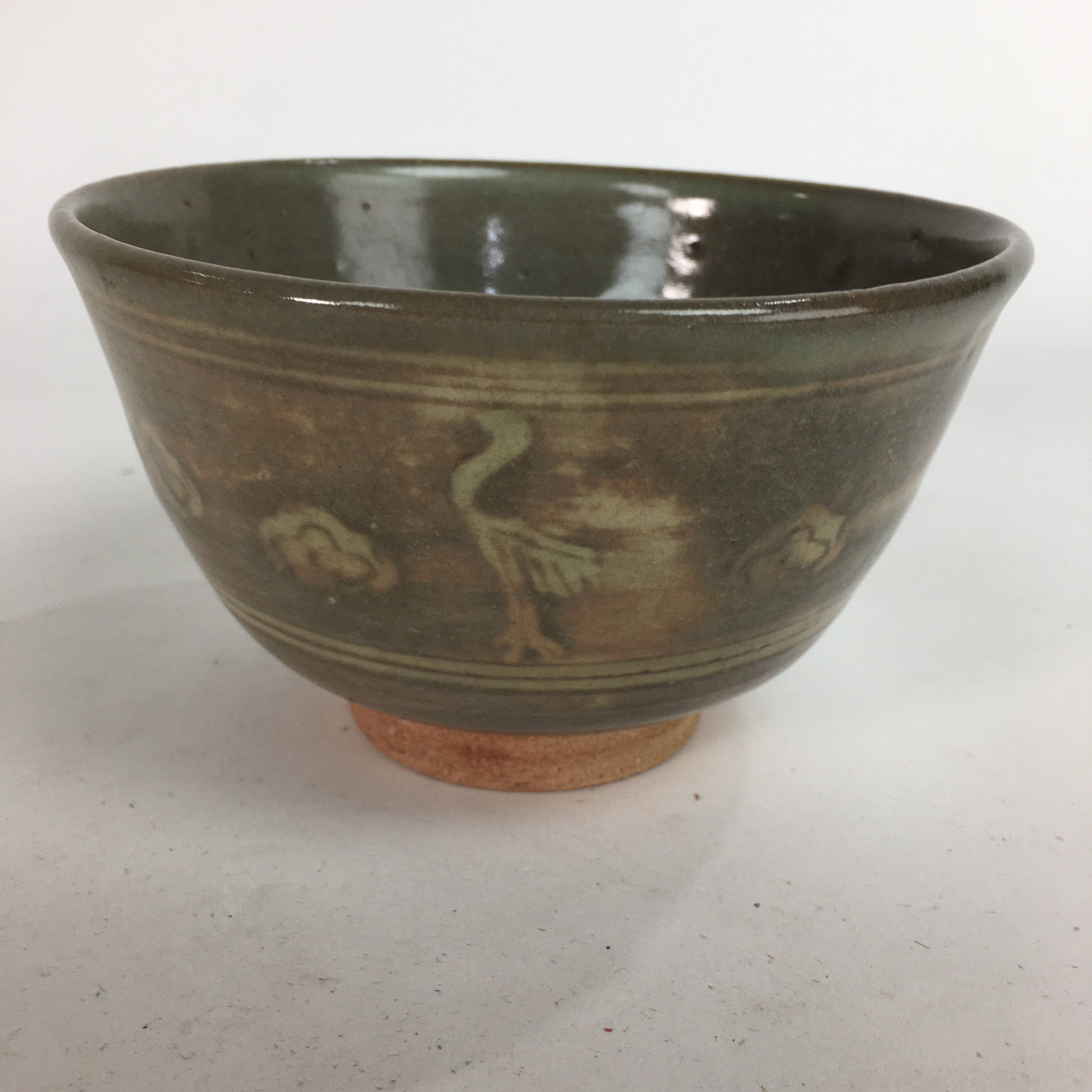 Japanese Vtg Ceramic Tea Ceremony Bowl Chawan Brown Pottery Crane GTB729