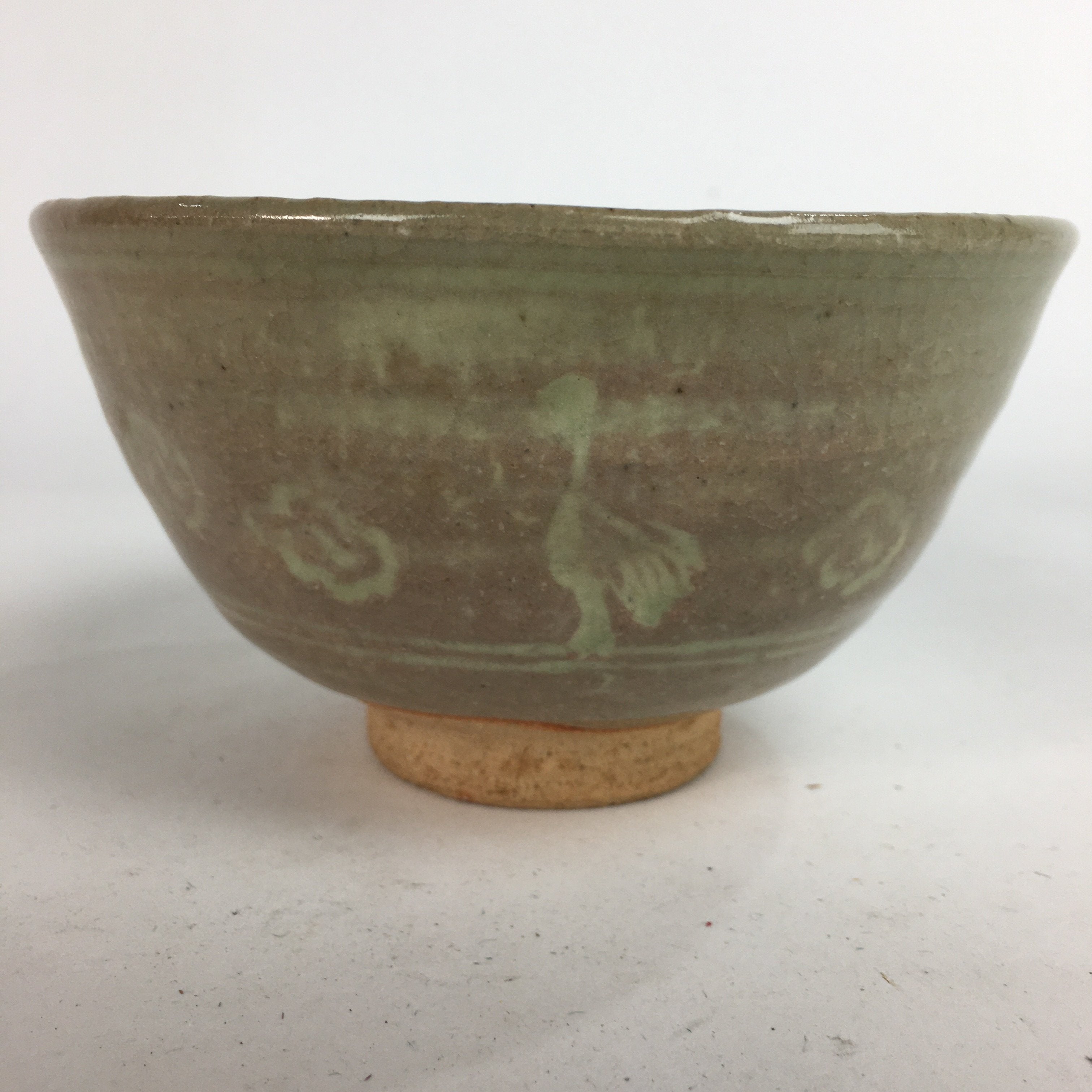 Japanese Vtg Ceramic Tea Ceremony Bowl Chawan Brown Pottery Crane GTB731