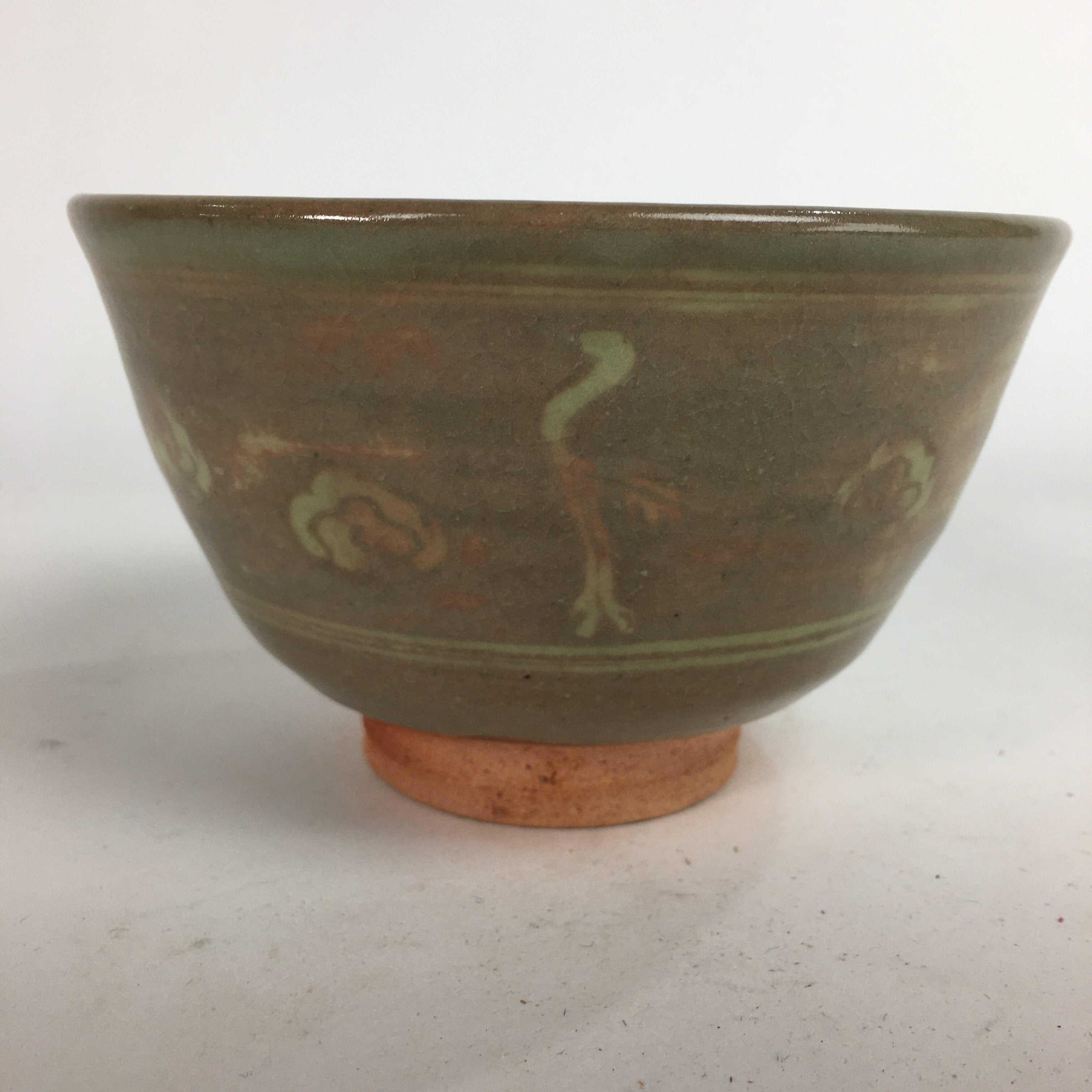 Japanese Vtg Ceramic Tea Ceremony Bowl Chawan Brown Pottery Crane GTB733