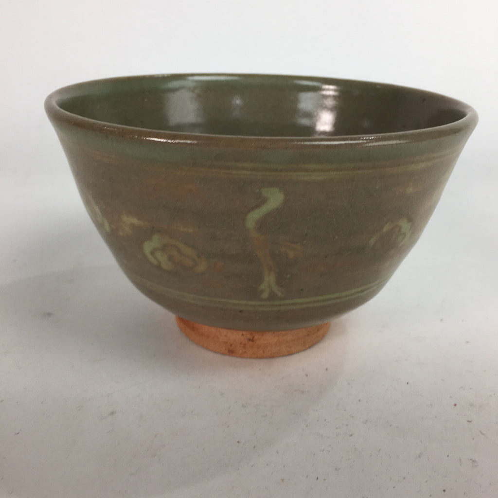 Japanese Vtg Ceramic Tea Ceremony Bowl Chawan Brown Pottery Crane GTB733