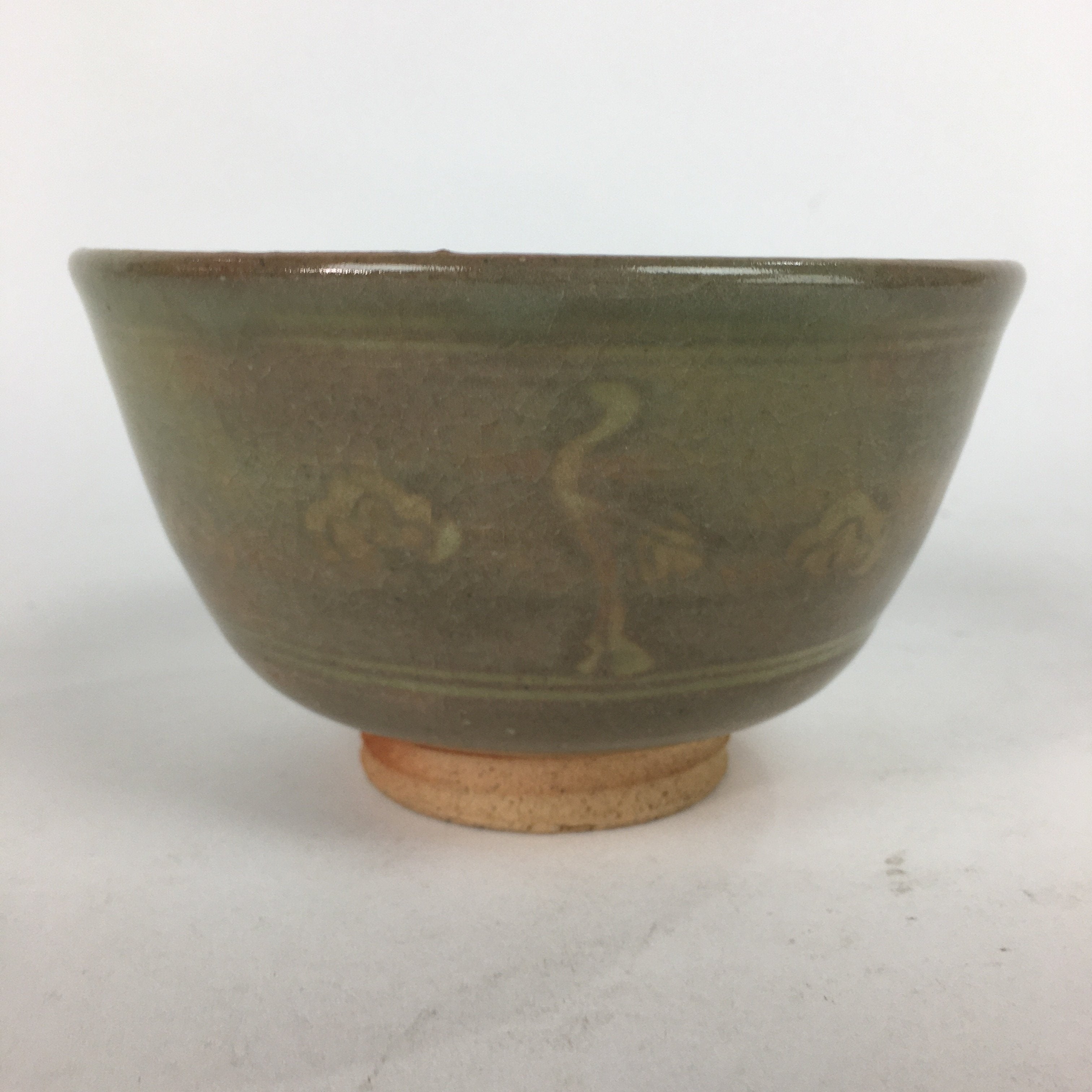 Japanese Vtg Ceramic Tea Ceremony Bowl Chawan Brown Pottery Crane GTB737