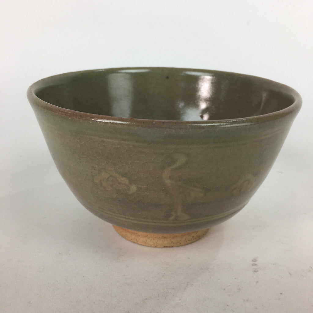 Japanese Vtg Ceramic Tea Ceremony Bowl Chawan Brown Pottery Crane GTB737