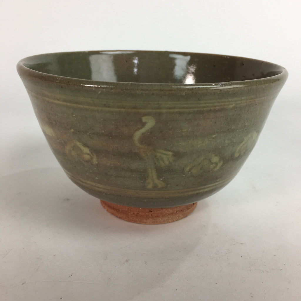 Japanese Vtg Ceramic Tea Ceremony Bowl Chawan Gray Pottery Crane GTB710