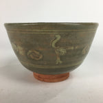 Japanese Vtg Ceramic Tea Ceremony Bowl Chawan Grey Pottery Crane GTB715