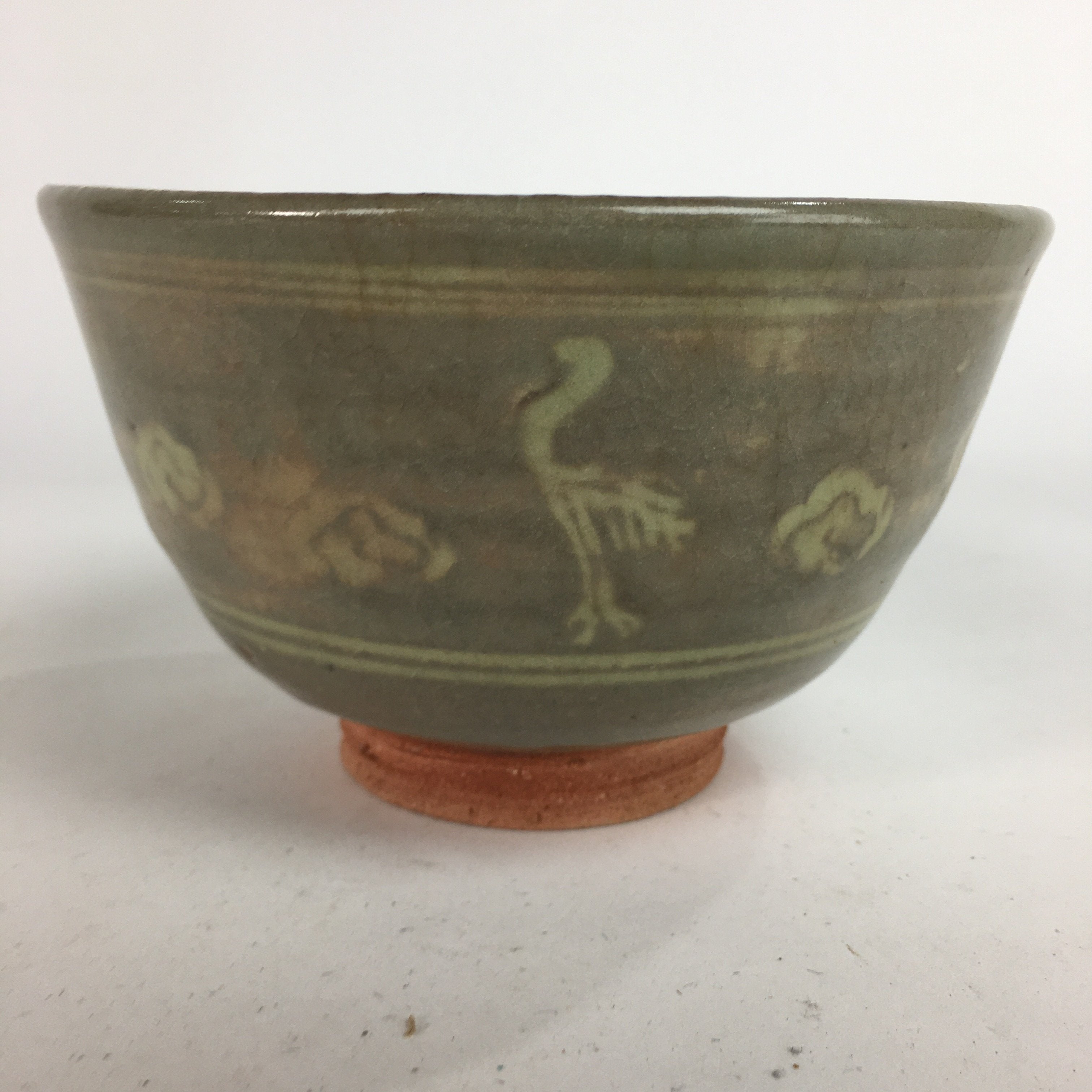 Japanese Vtg Ceramic Tea Ceremony Bowl Chawan Grey Pottery Crane GTB715