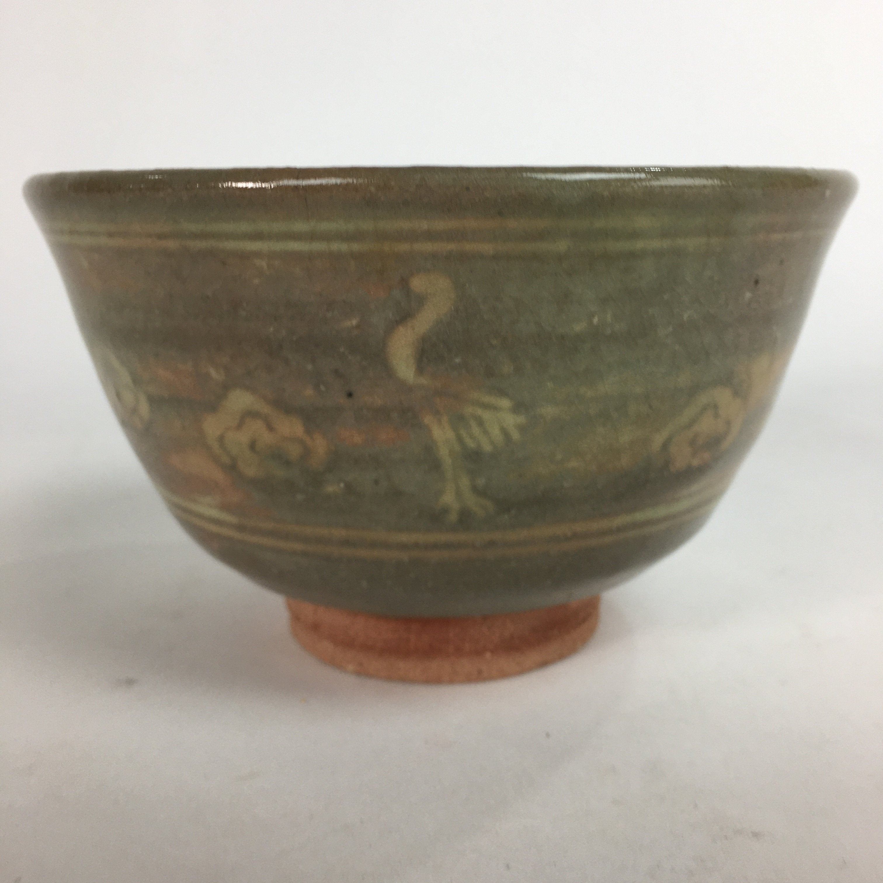 Japanese Vtg Ceramic Tea Ceremony Bowl Chawan Pottery Gray Crane GTB707