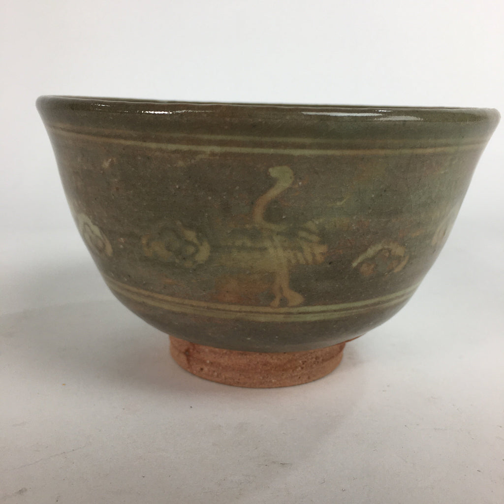 Japanese Vtg Ceramic Tea Ceremony Bowl Chawan Pottery Gray Crane GTB707