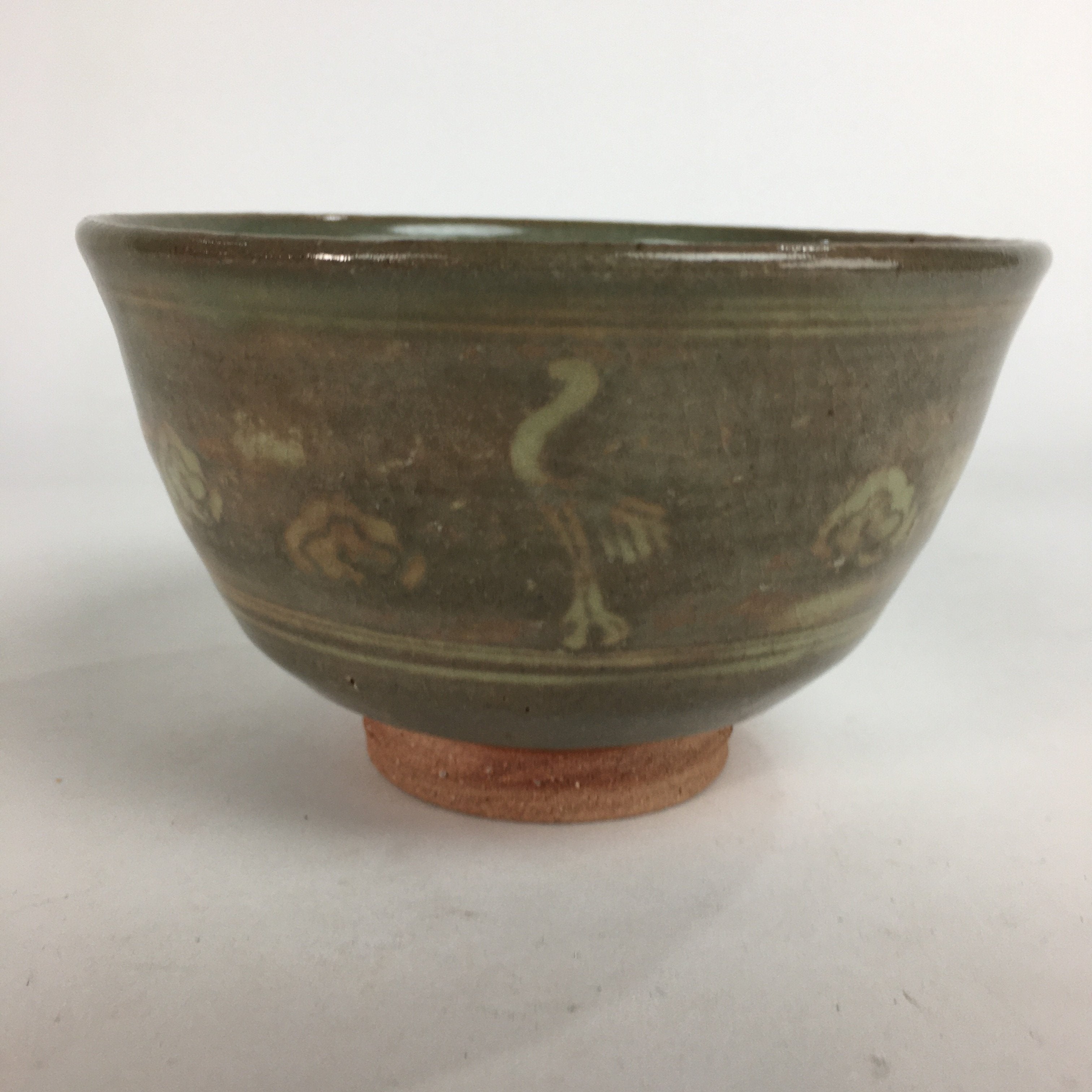 Japanese Vtg Ceramic Tea Ceremony Bowl Chawan Pottery Gray Crane GTB707