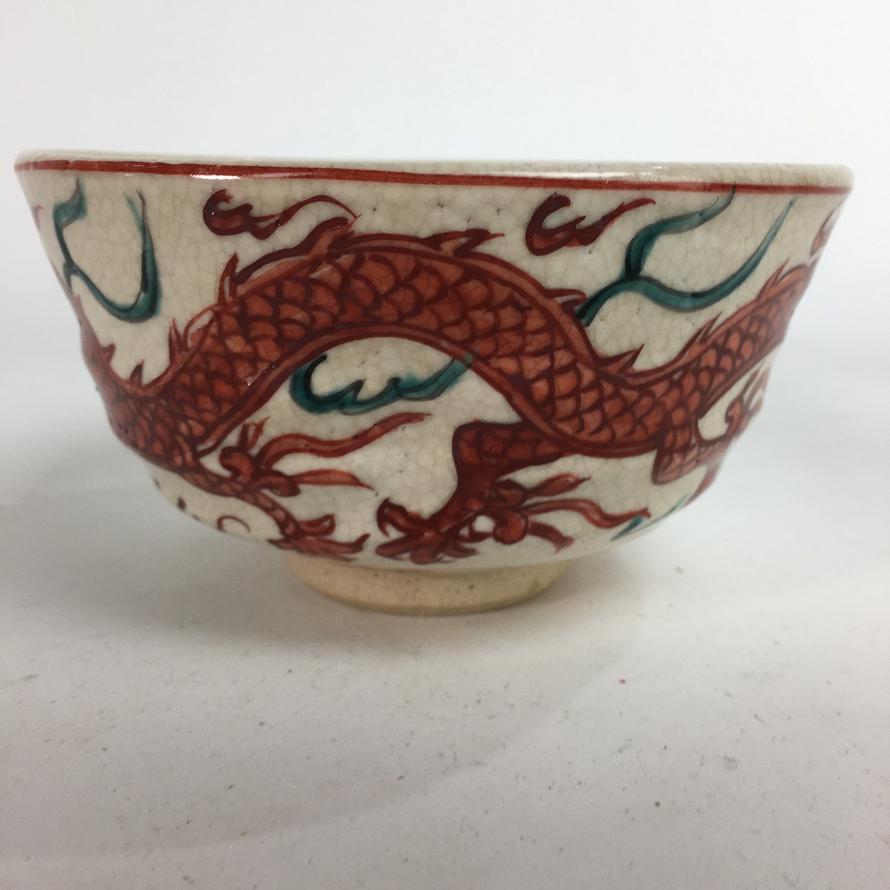 Japanese Vtg Ceramic Tea Ceremony Bowl Chawan Pottery Red Dragon GTB726