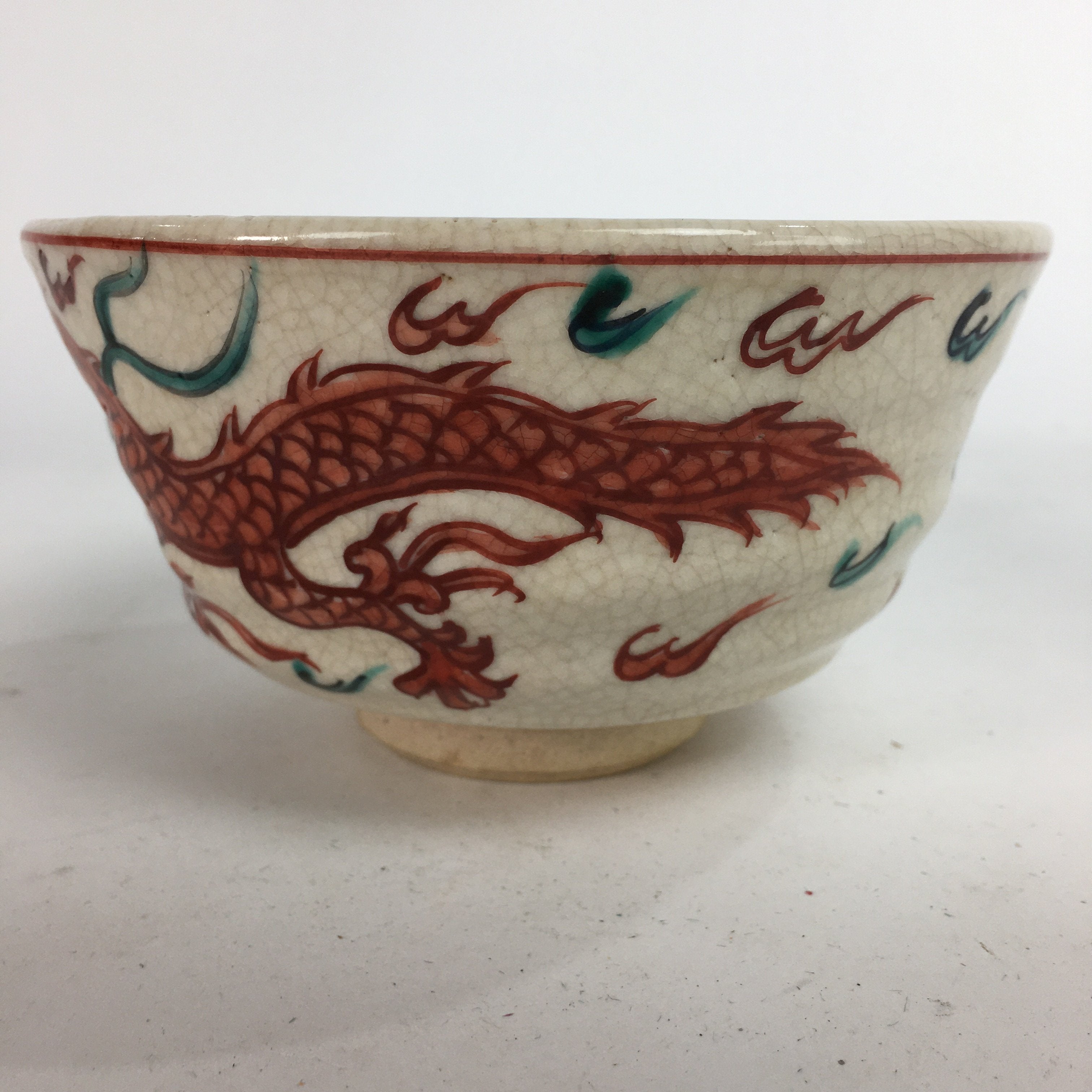 Japanese Vtg Ceramic Tea Ceremony Bowl Chawan Pottery Red Dragon GTB726