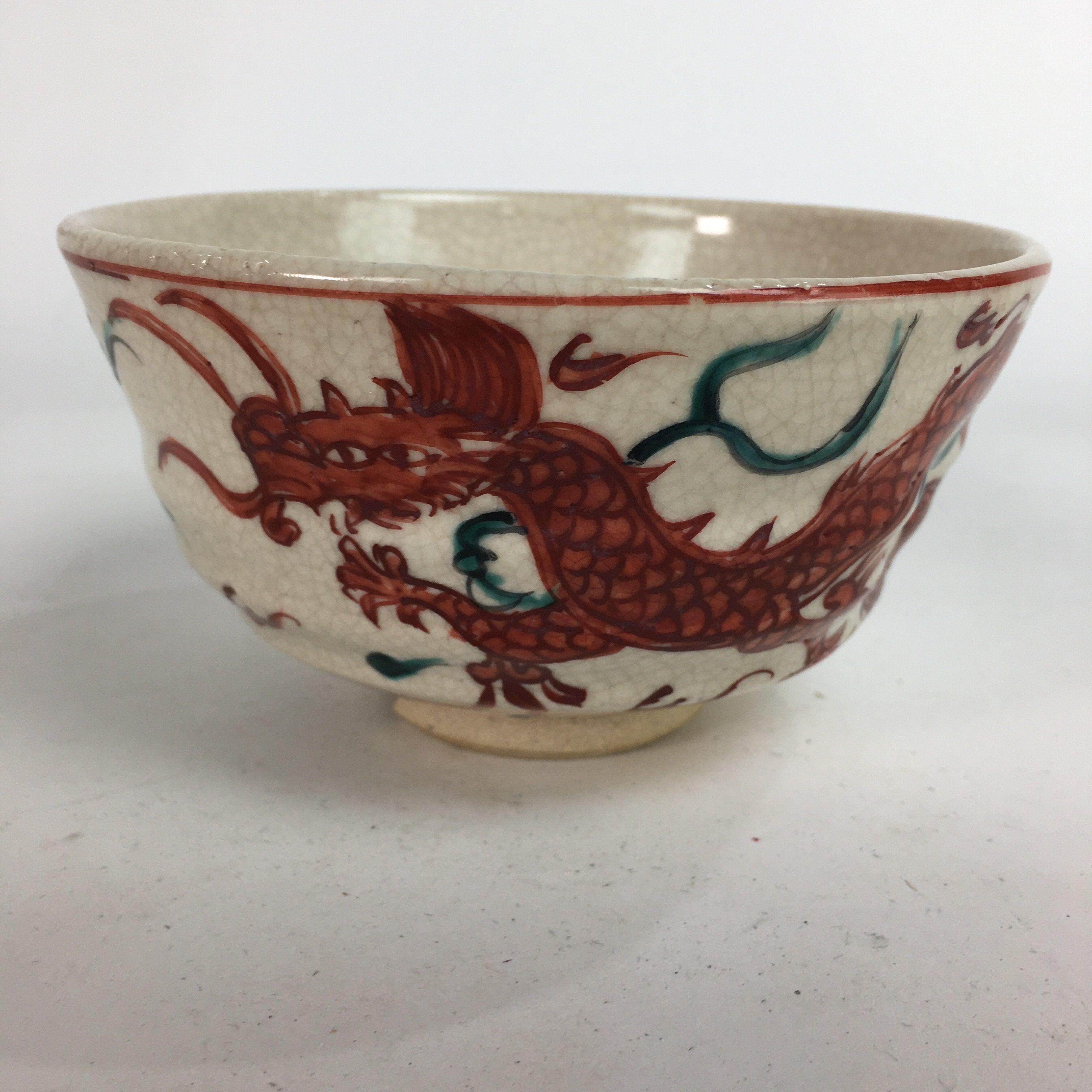 Japanese Vtg Ceramic Tea Ceremony Bowl Chawan Pottery Red Dragon GTB726