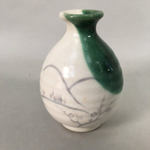 Japanese Vtg Flower Vase Kabin Ikebana Ceramic Yakimono White Green FV904