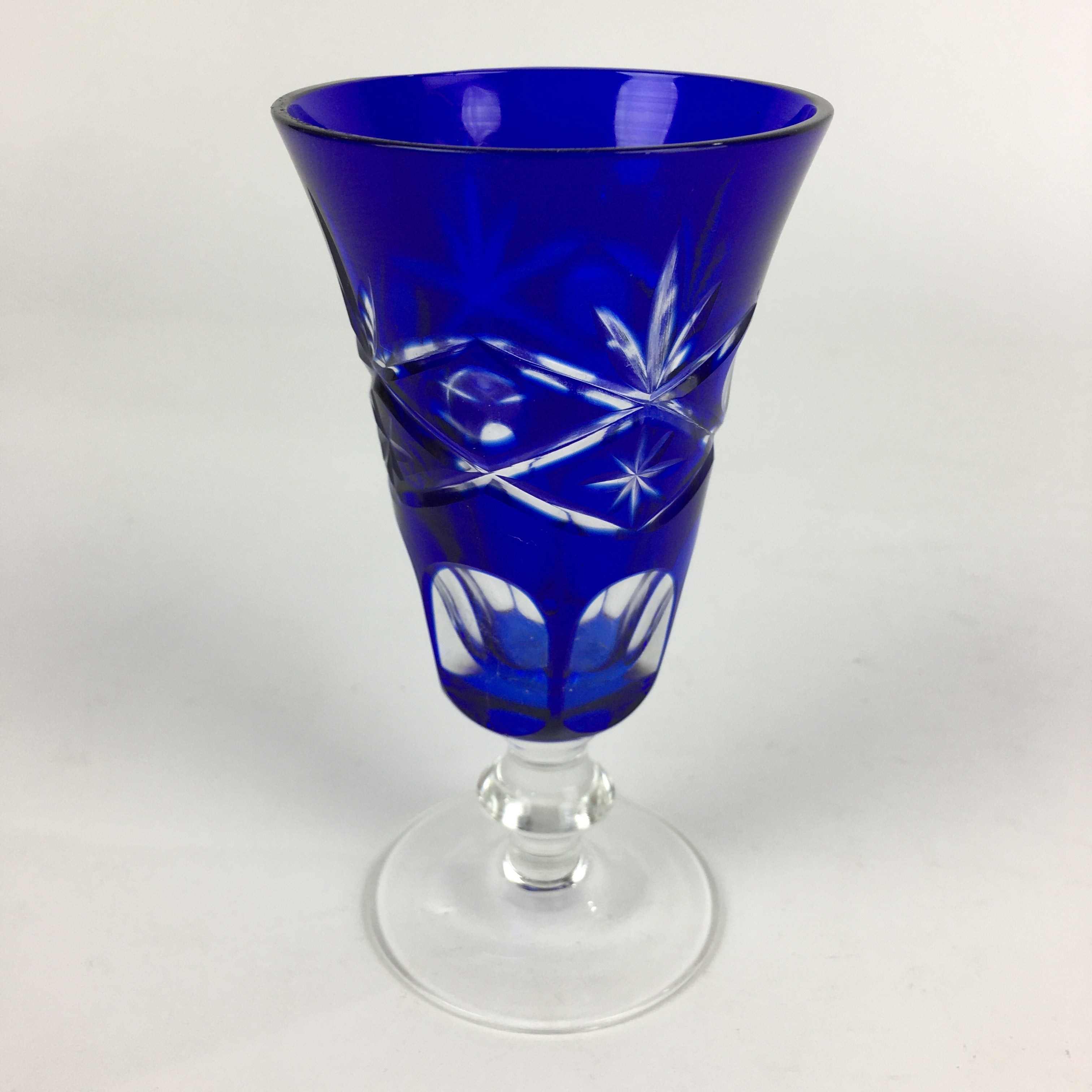 Japanese Wine Glass Edo Kiriko Vtg Blue Crystal Glass Cold Sake Cup PP934
