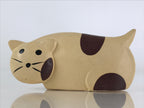 Japanese Wood Carving Cat Figurine Vtg Hand-Crafted Brown White Ornament BD836