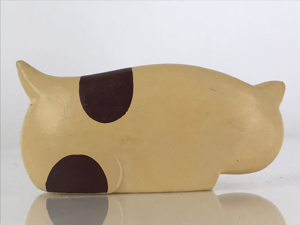 Japanese Wood Carving Cat Figurine Vtg Hand-Crafted Brown White Ornament BD836