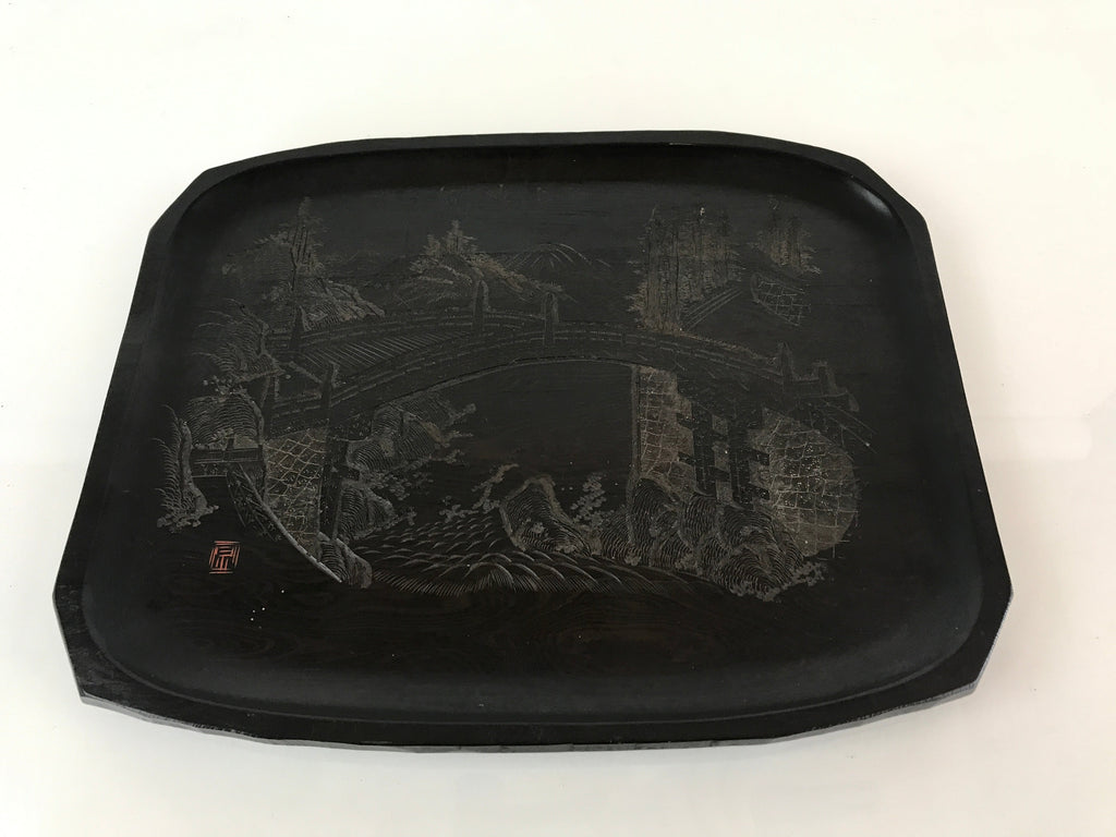 Japanese Wood Carving Nikko-Bori Tray Obon Vtg Wood Black UR816