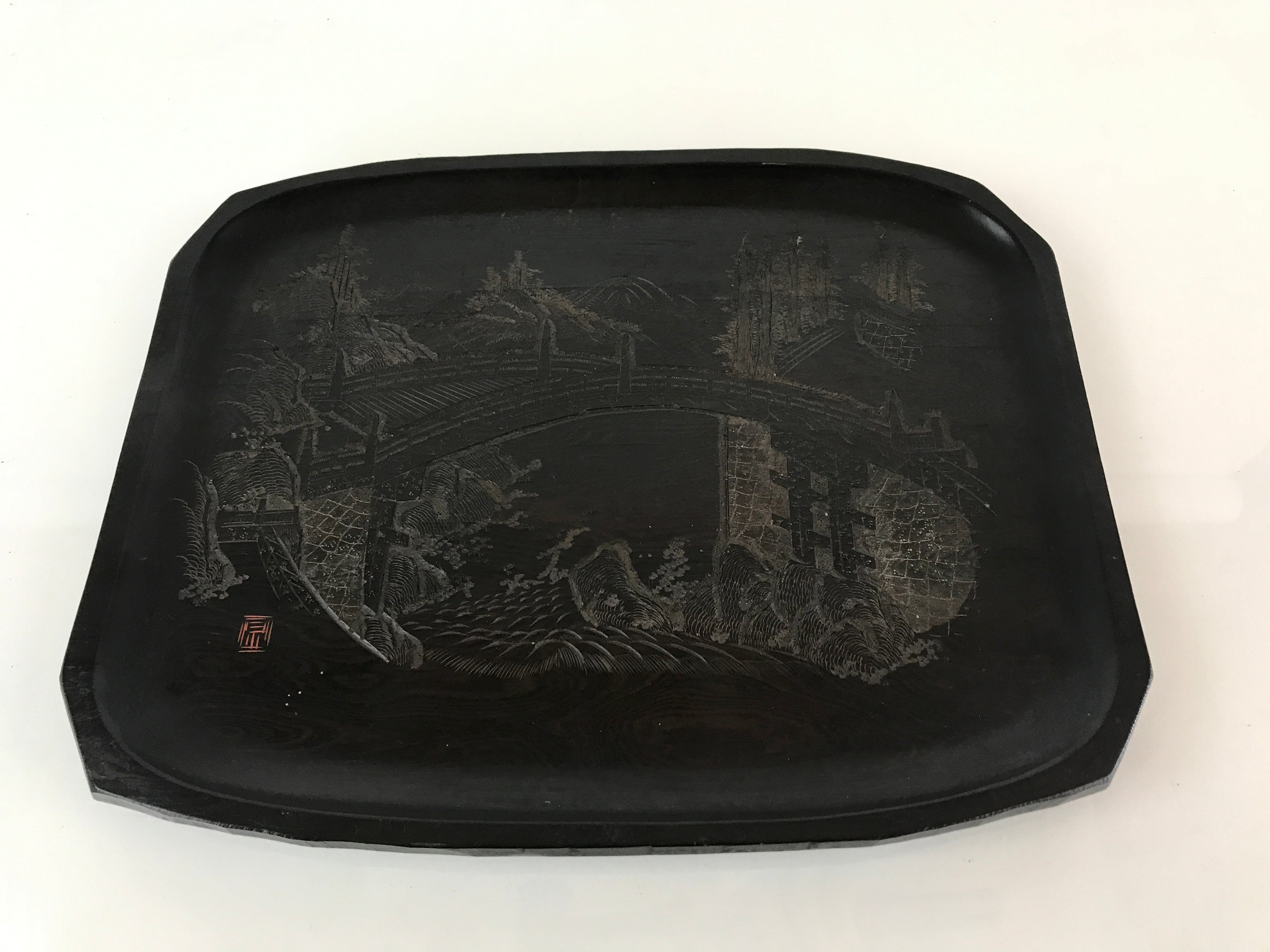 Japanese Wood Carving Nikko-Bori Tray Obon Vtg Wood Black UR816