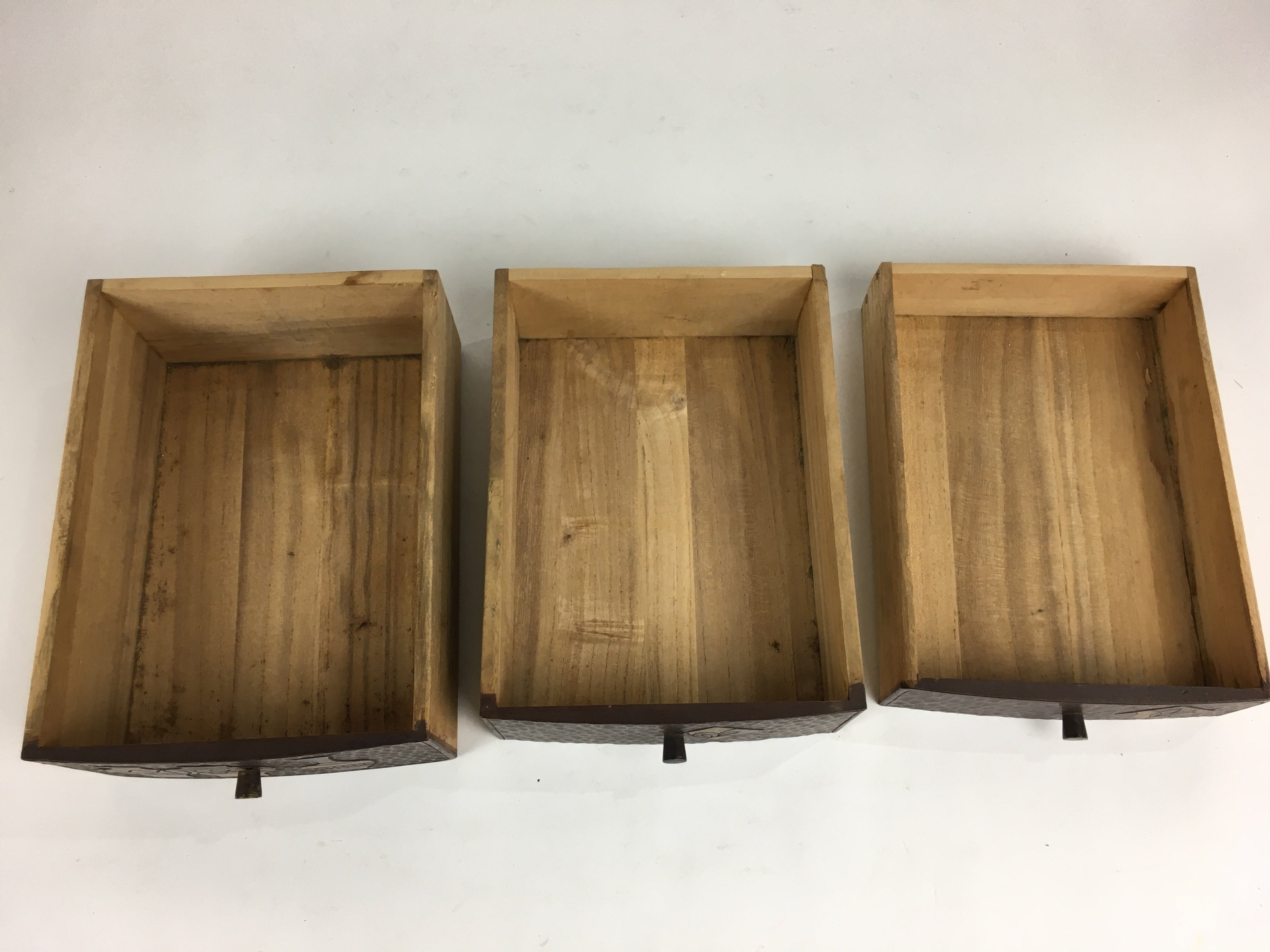 Japanese Wood Carving Sewing Box Vtg Brown Haribako Chest Tansu 3 Drawers T293