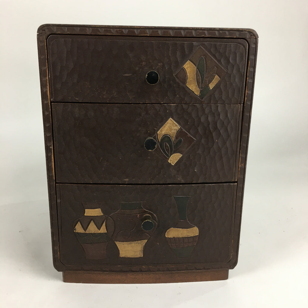 Japanese Wood Carving Sewing Box Vtg Brown Haribako Chest Tansu 3 Drawers T293