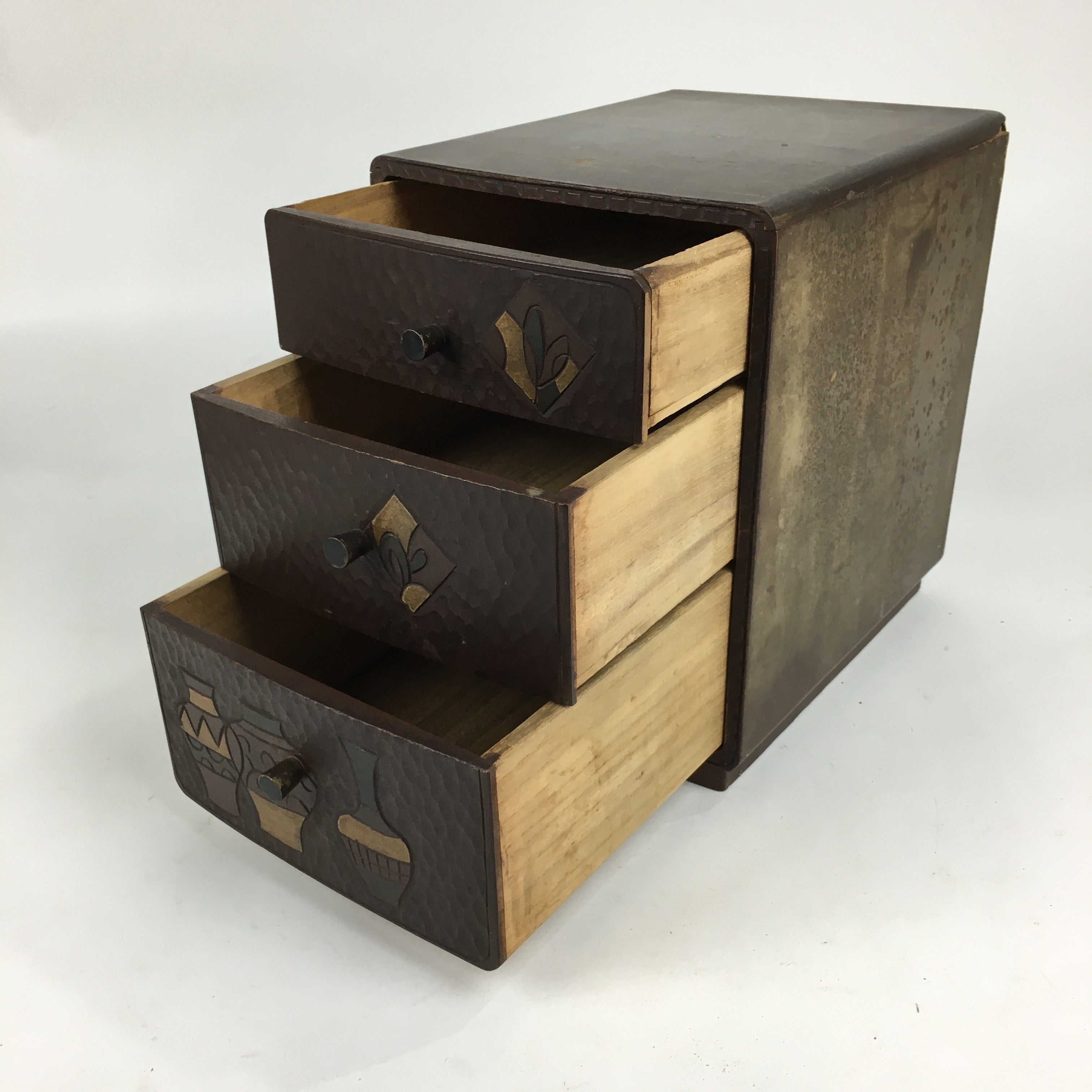 Japanese Wood Carving Sewing Box Vtg Brown Haribako Chest Tansu 3 Drawers T293