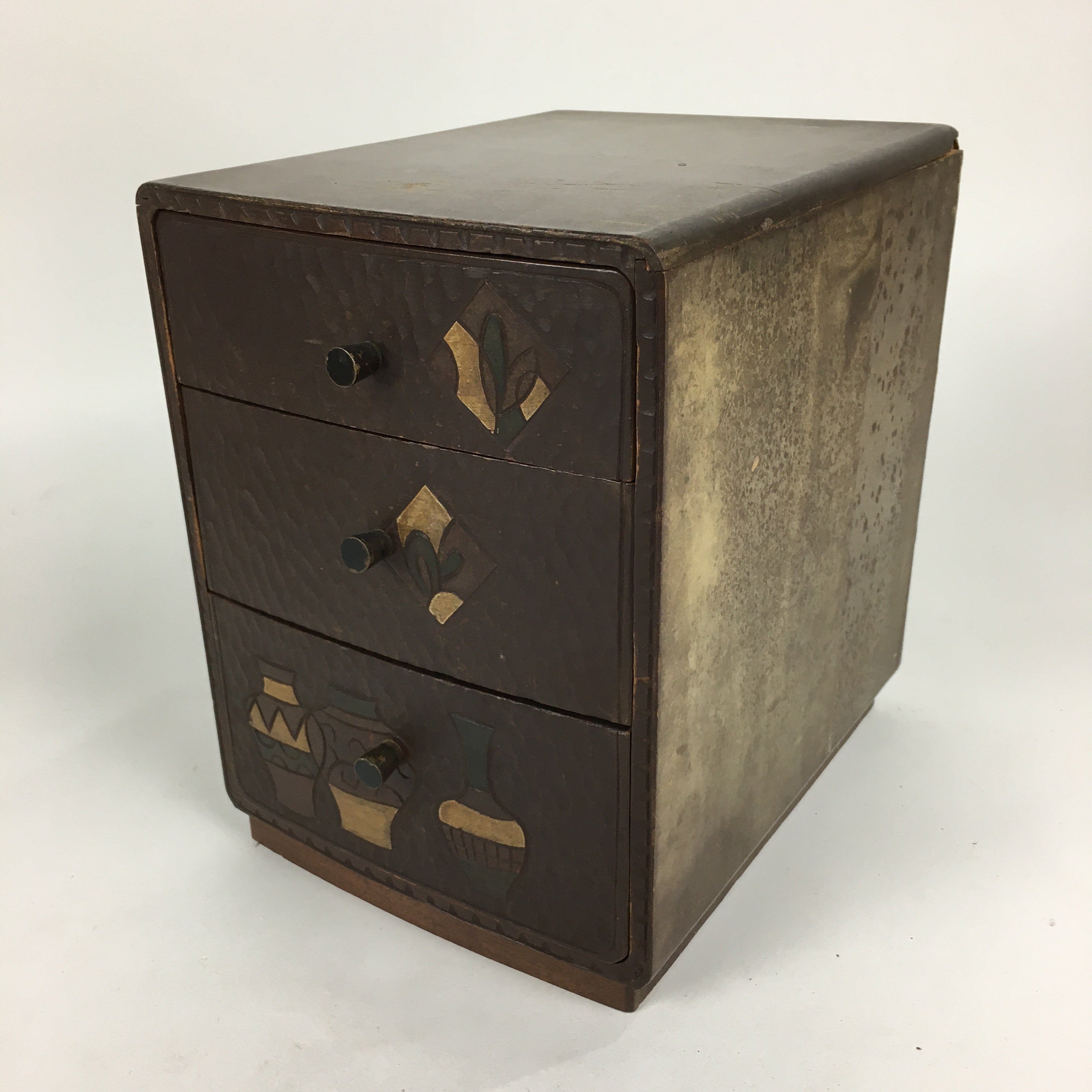 Japanese Wood Carving Sewing Box Vtg Brown Haribako Chest Tansu 3 Drawers T293