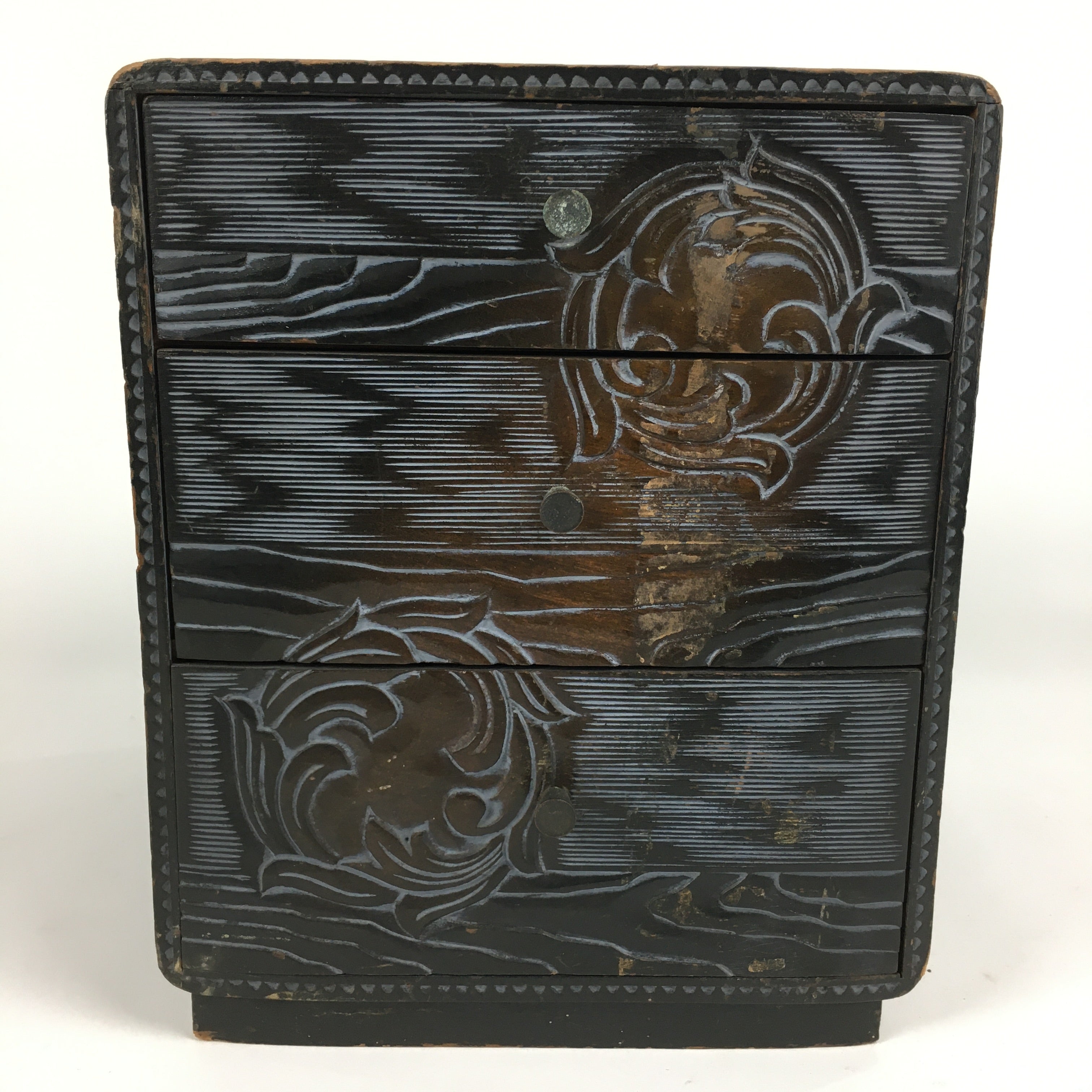 Japanese Wood Carving Sewing Box Vtg Haribako Chest Tansu 3 Drawers T287