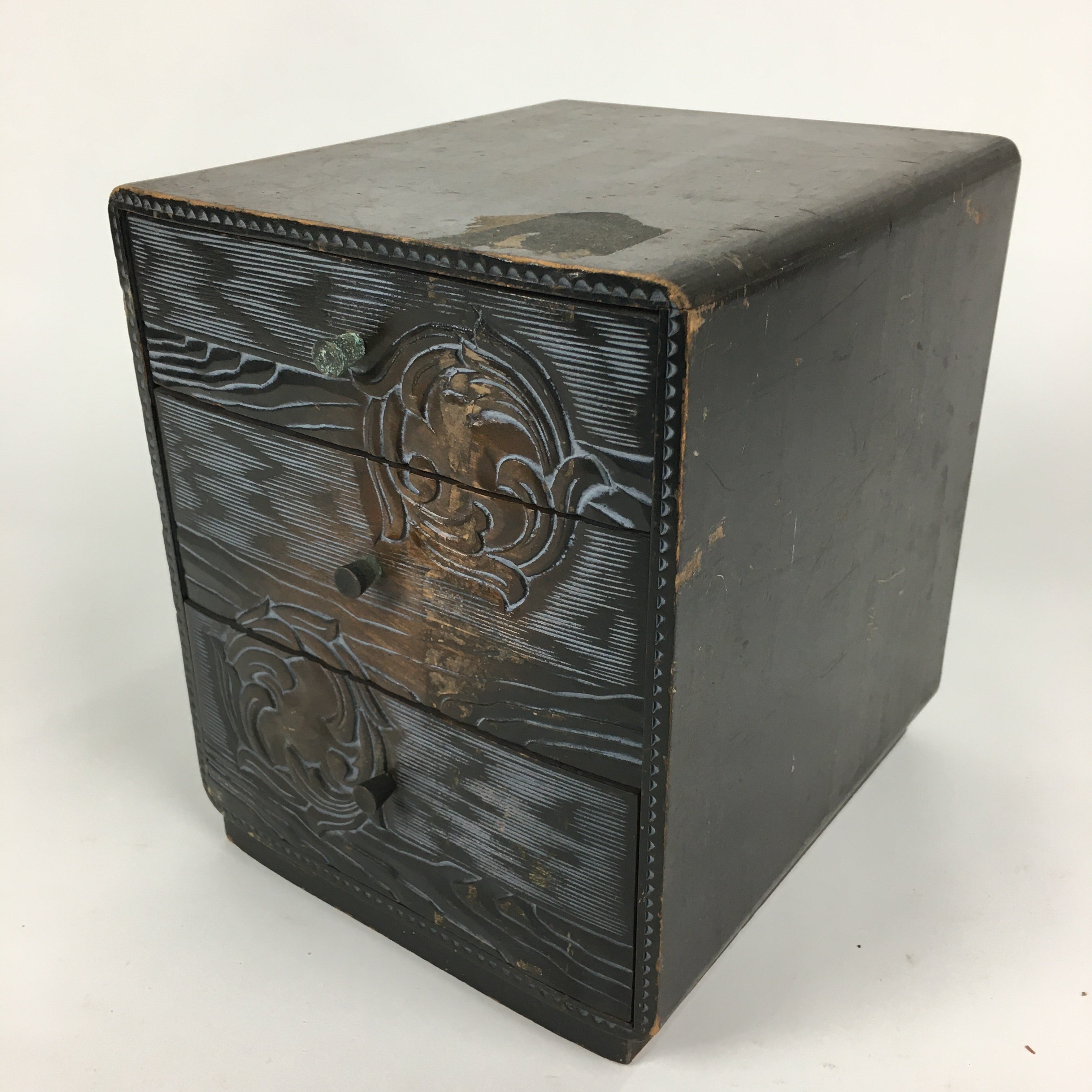 Japanese Wood Carving Sewing Box Vtg Haribako Chest Tansu 3 Drawers T287
